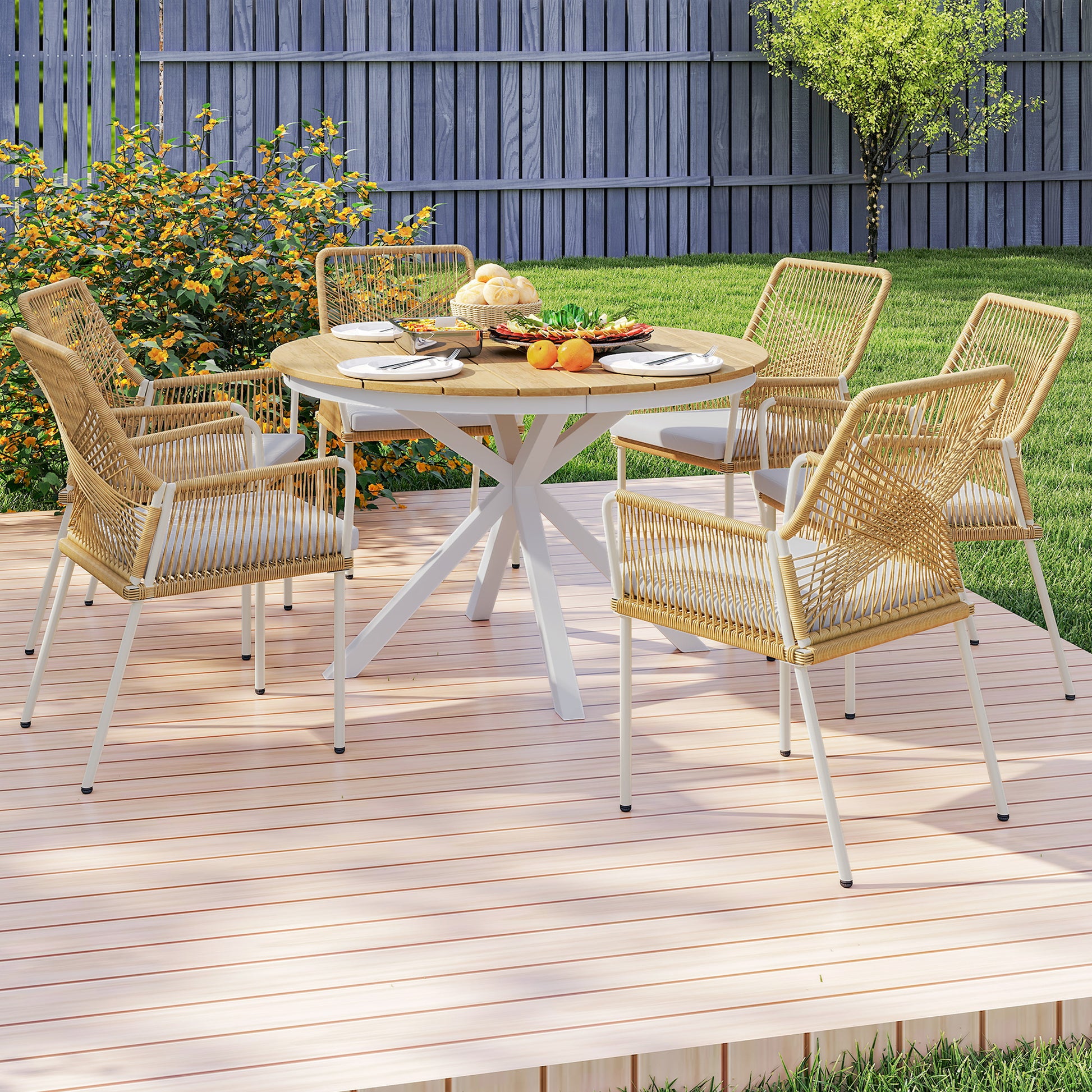 Gartentisch Ø118cm aus Aluminium, Wetterfest, Beistelltisch mit Kreuzbeine Lattendesign Teak