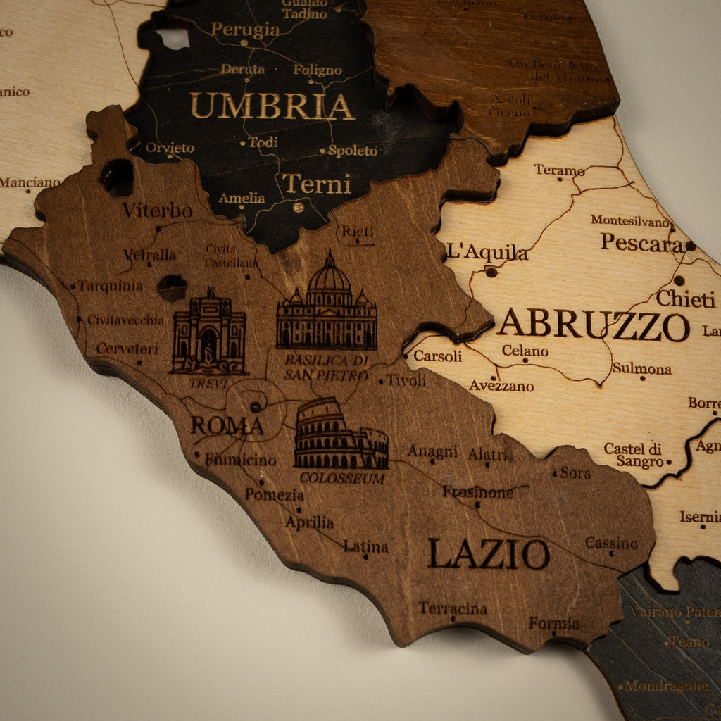 3D Holzkarte Italien – Handgefertigte Wanddeko mit Toskana & Sizilien