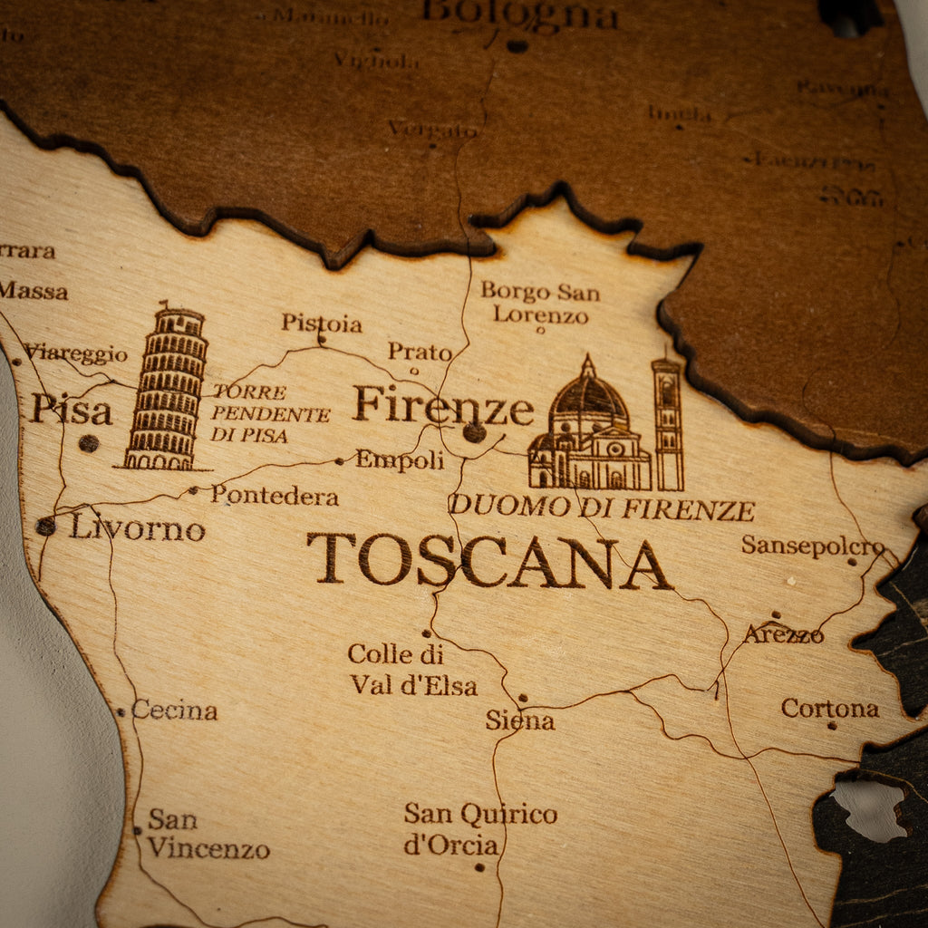 3D Holzkarte Italien – Handgefertigte Wanddeko mit Toskana & Sizilien
