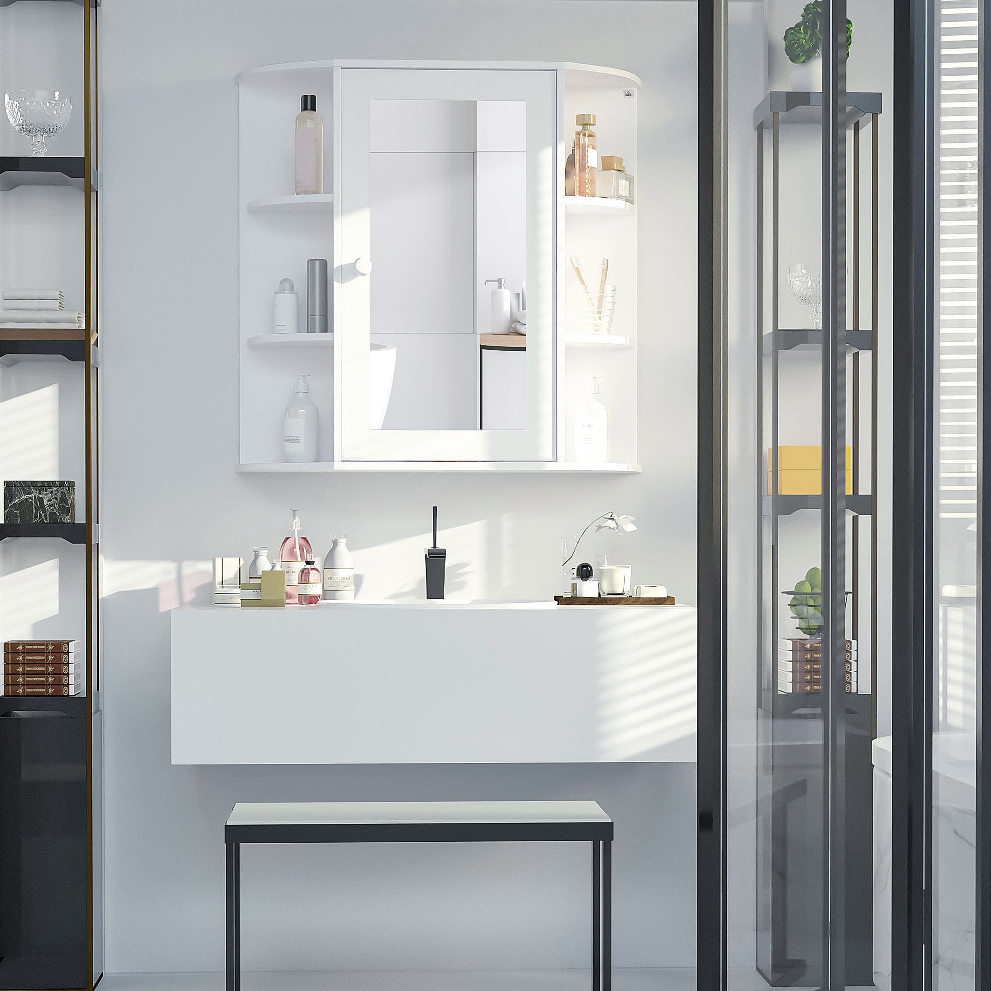 Spiegelschrank, 8 Fächer, Spiegeltüren, wasserbeständig, 66 cm x 17 cm x 63 cm, Weiß