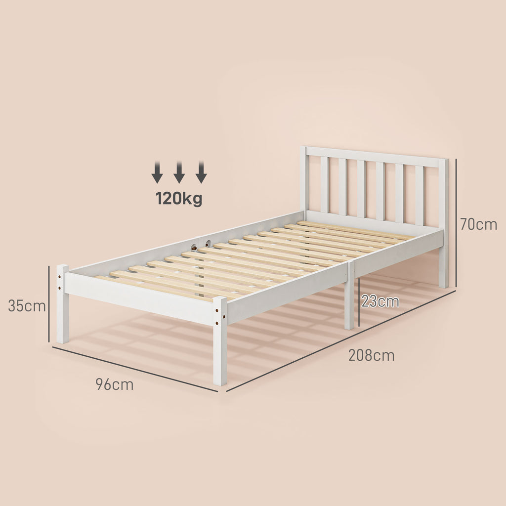 Bettrahmen Holzbett 208 x 96 cm mit Lattenrost & Kopfteil, elegantes Einzelbettgestell für Schlafzimmer in Weiß