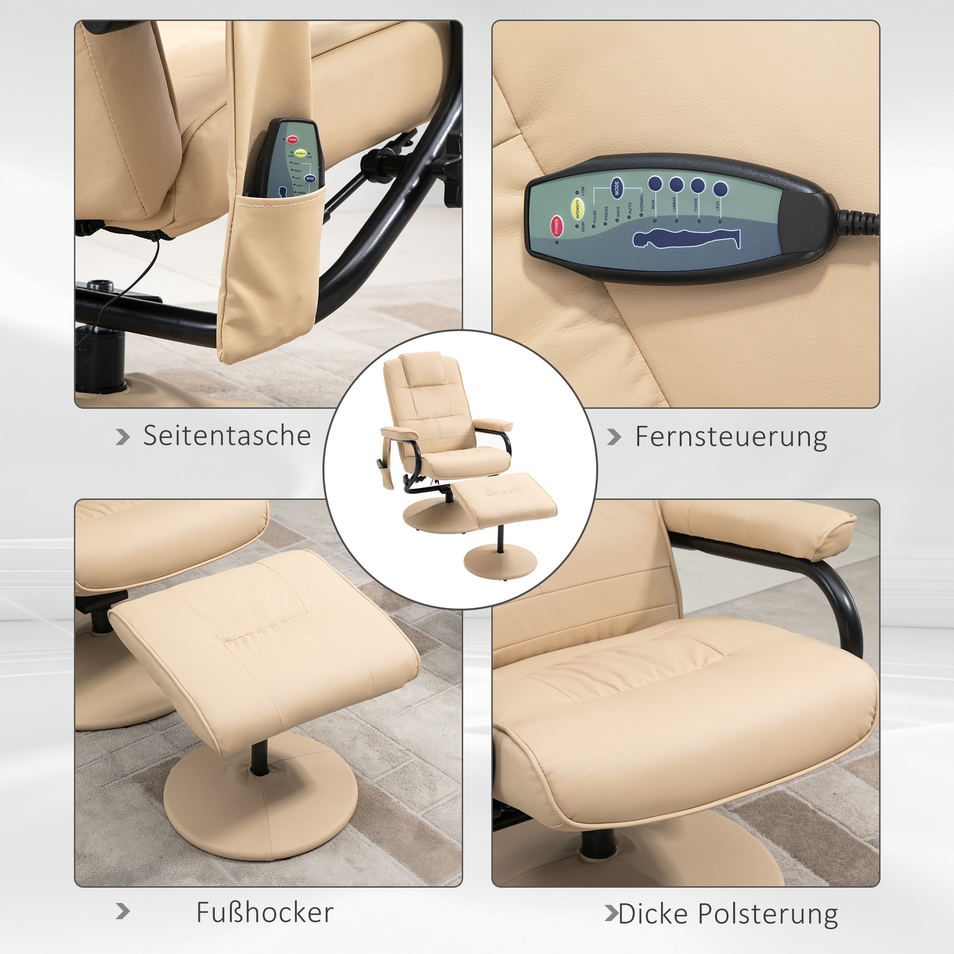 Massagesessel mit Hocker, Drehbares mit Massagefunktion, Liegefunktion, Fernbedienung, Kunstleder