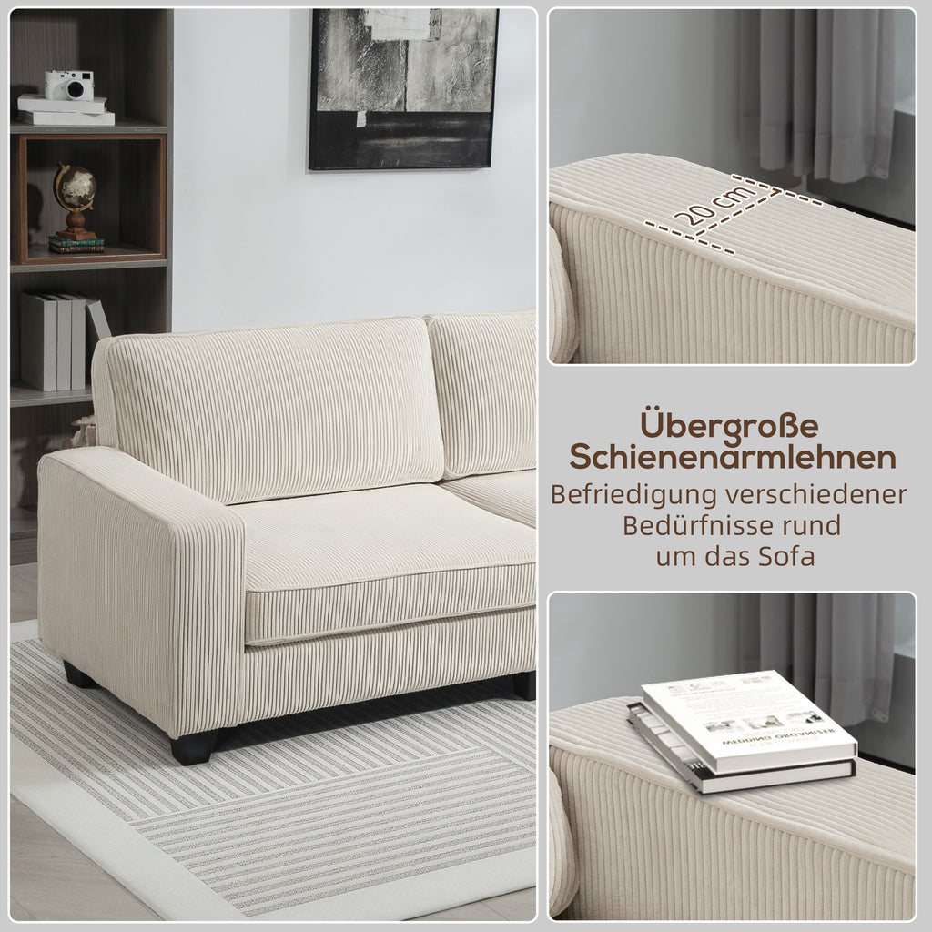 3-Sitzer Sofa mit Cordbezug, bis 400 kg, 227 x 84 x 87 cm, Cremeweiß
