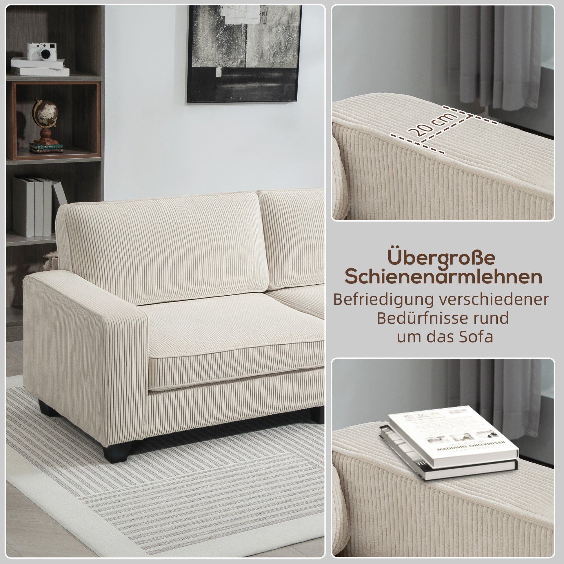 3-Sitzer Sofa mit Cordbezug, bis 400 kg, 227 x 84 x 87 cm, Cremeweiß