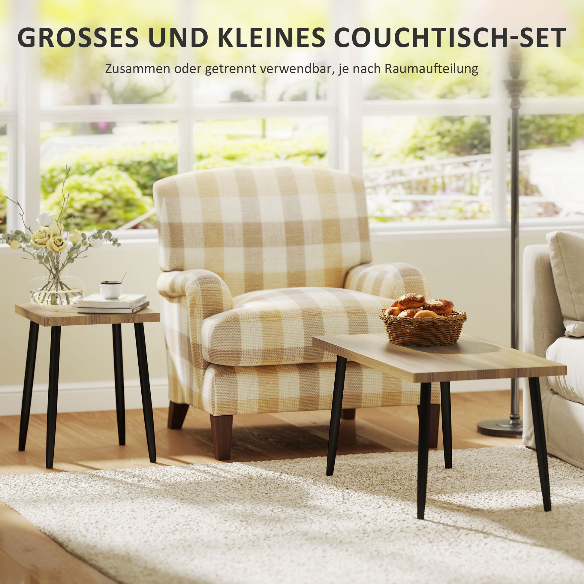 2er-Set Kaffeetische mit Metallrahmen und Holzplatte, Flexible Couchtische, Naturholz