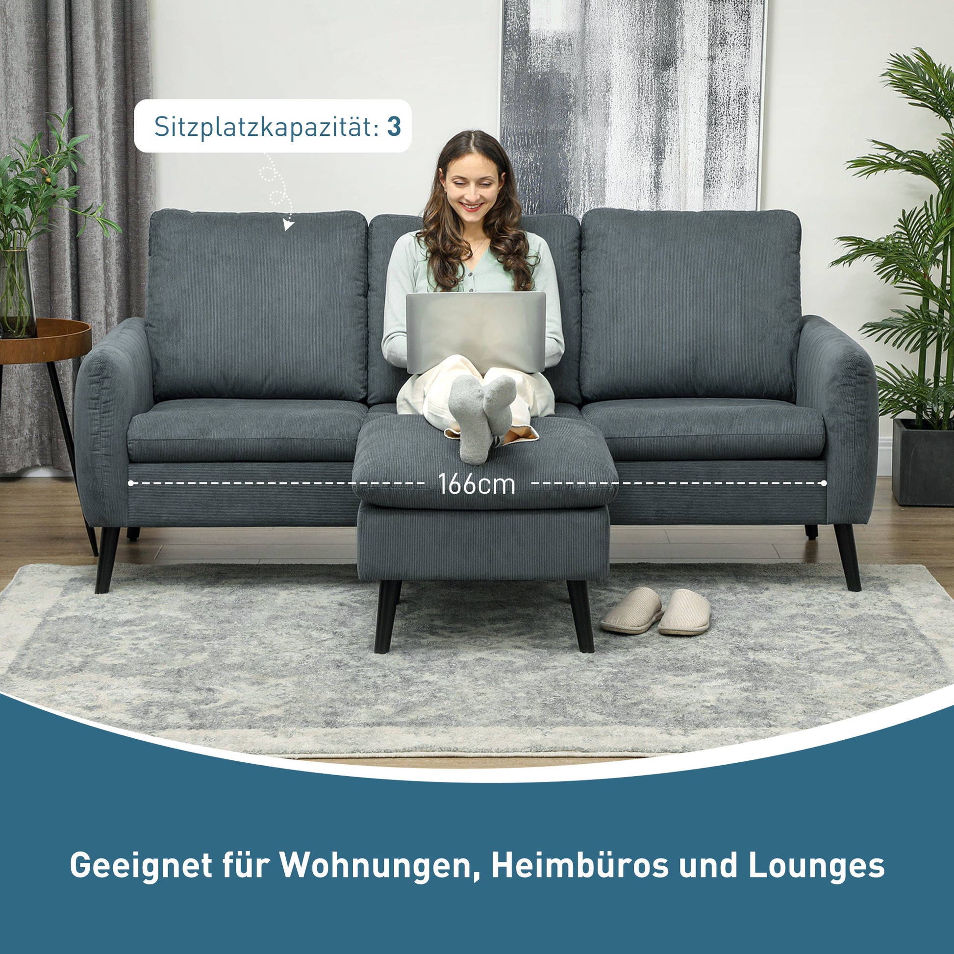 Ecksofa mit Schlaffunktion Sofa mit Fußhocker, 3 Wurfkissen, Eckcouch L-Form 196 x 140 x 88 cm Grau