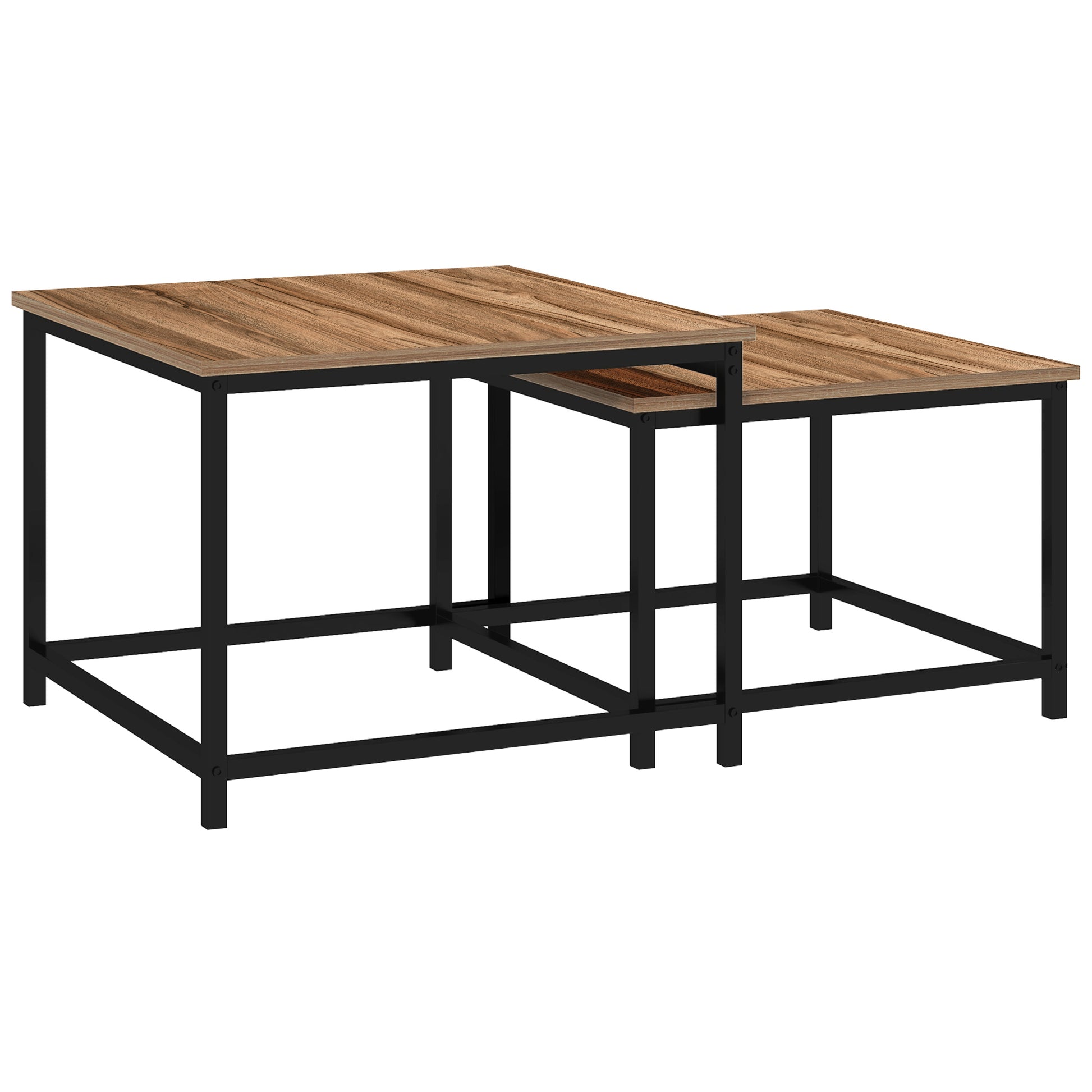 Set aus 2 Beistelltischen, Industrial Design, schwarzer Stahlrahmen, Tischplatte in Holzoptik