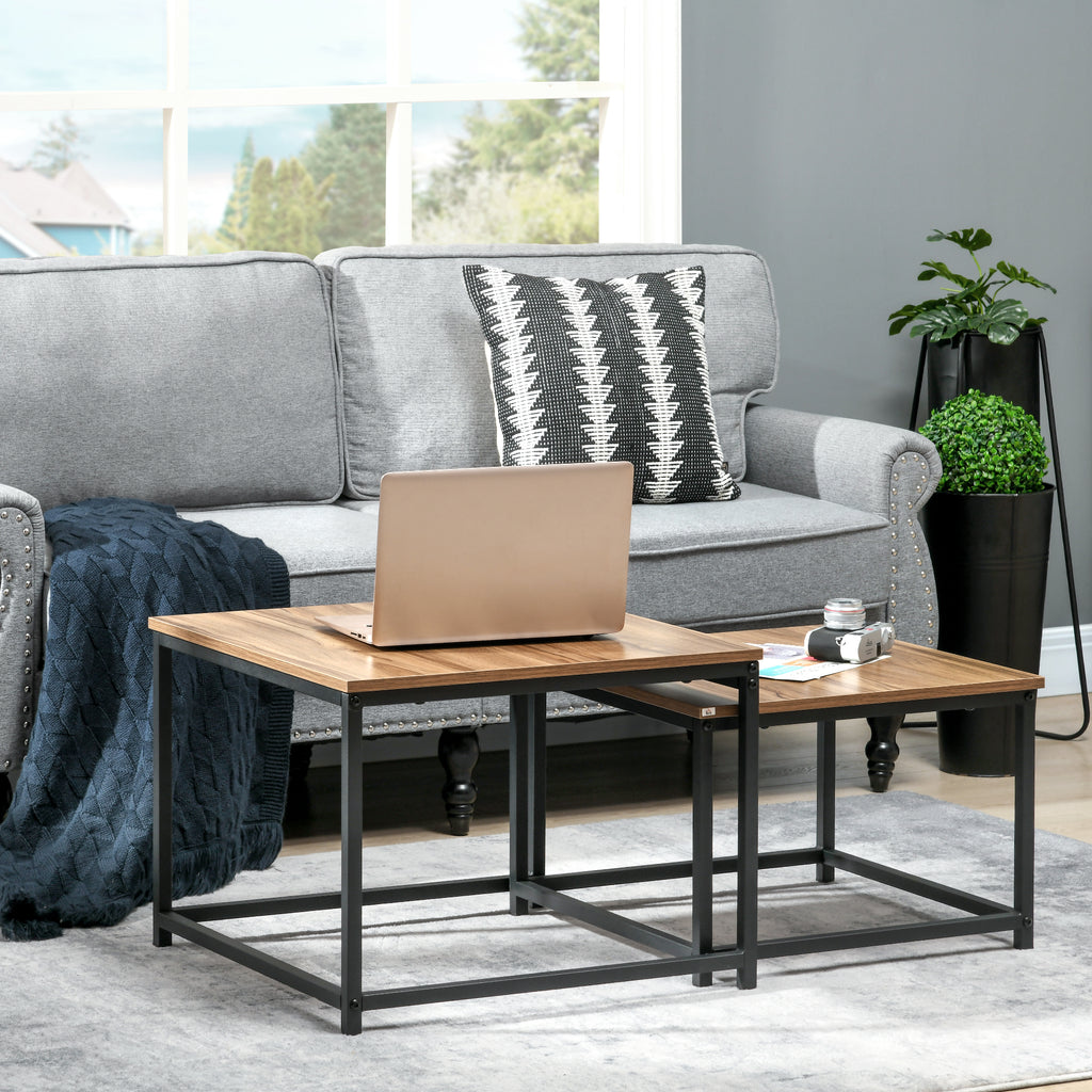 Set aus 2 Beistelltischen, Industrial Design, schwarzer Stahlrahmen, Tischplatte in Holzoptik