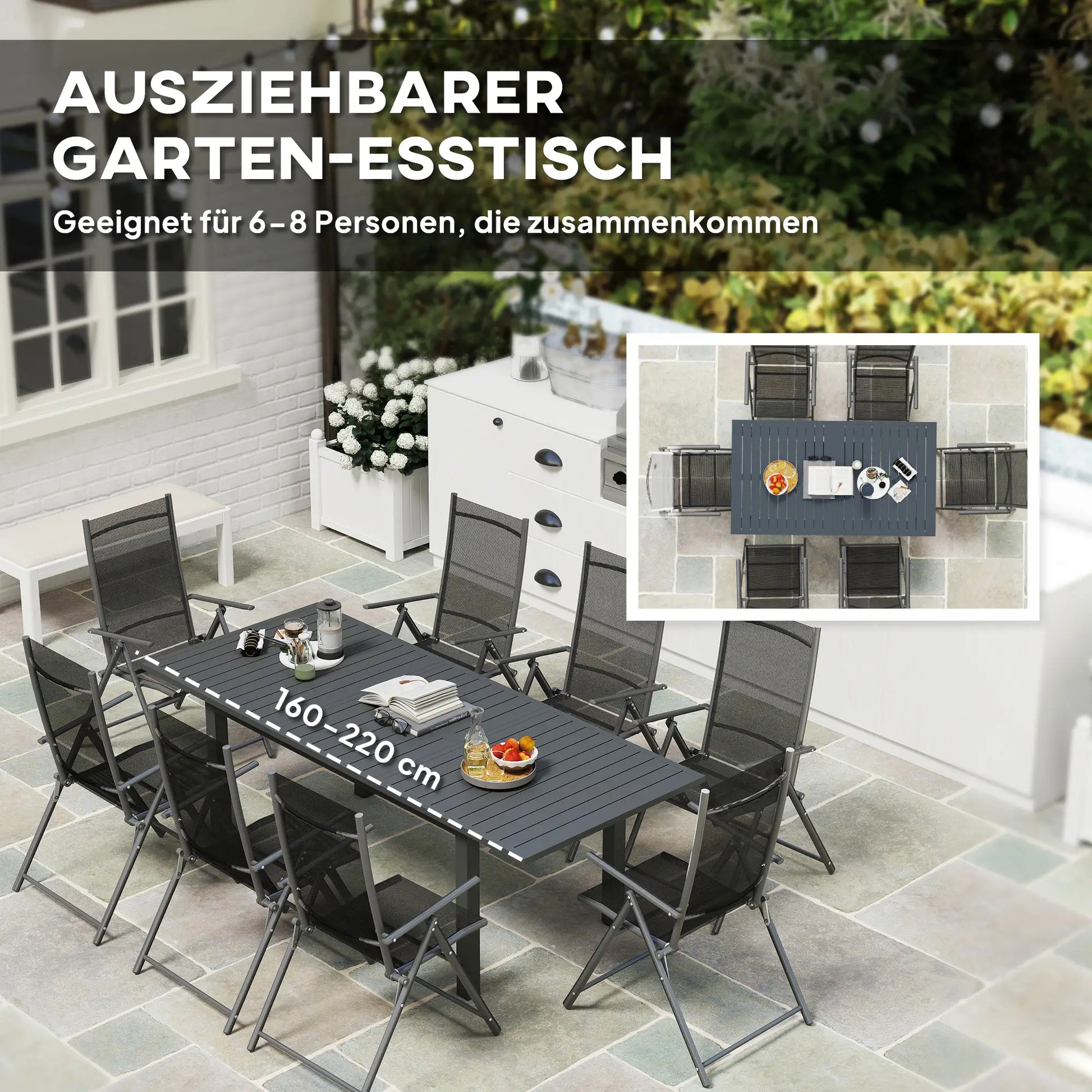Gartentisch Erweitert Aluminium 160/220x90 cm Wetterfest, rutschfest Balkontisch Grau