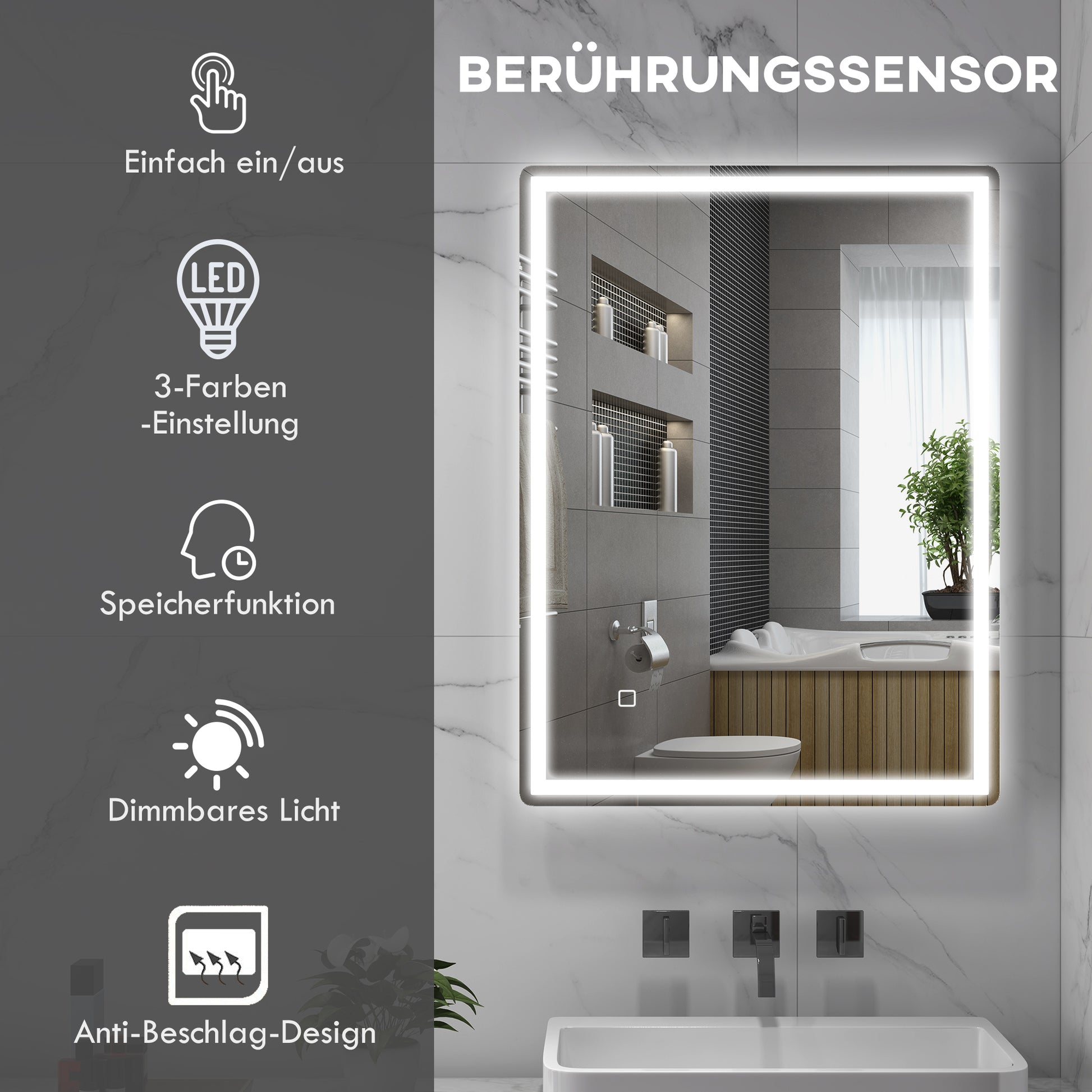 Badezimmerspiegel LED´s. Ber, gsschalter, Antibeschlagfunktion, 60 x 80 x 4 cm, Weiß