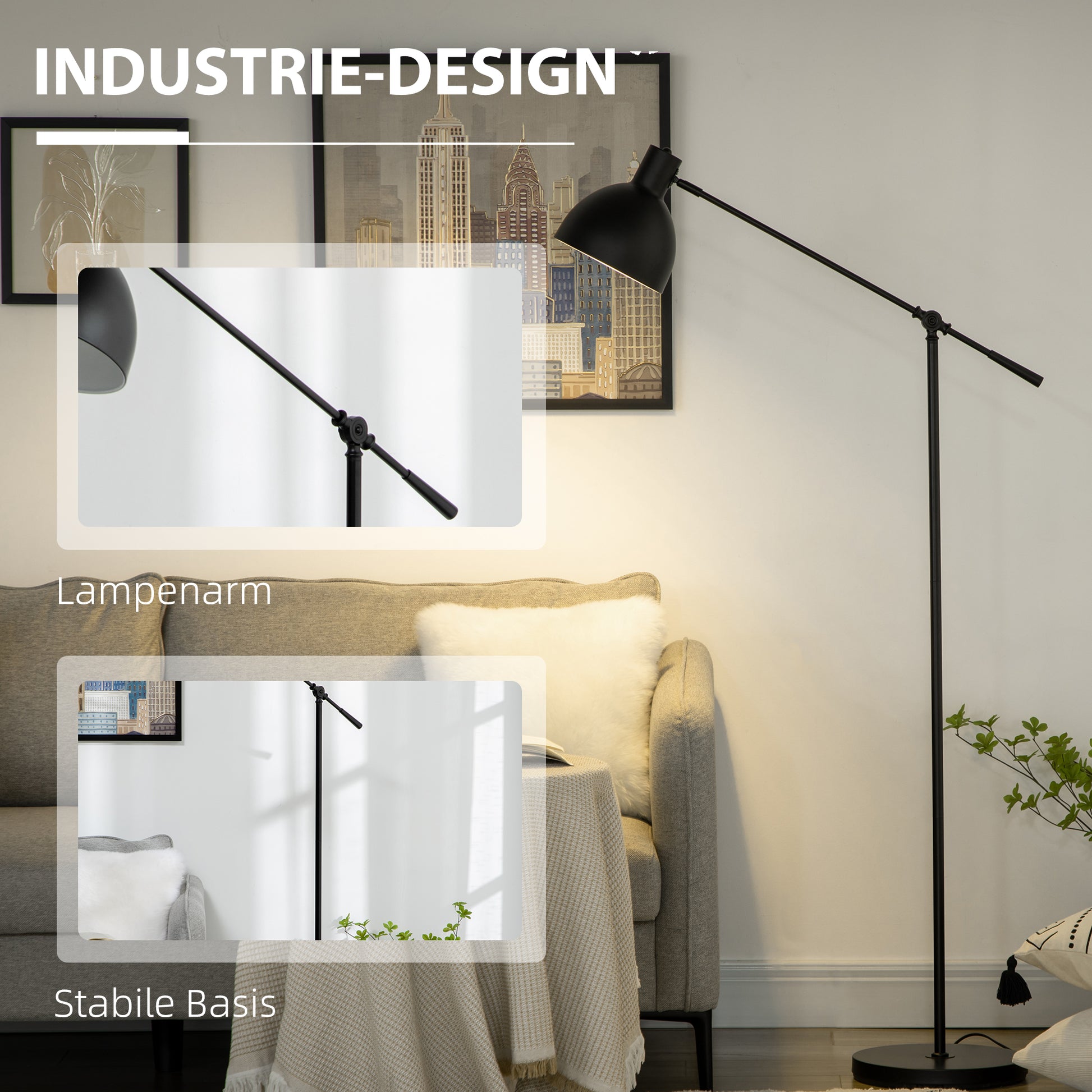 Stehleuchte im Industriedesign, höhenverstellbar, Bodenschalter; 30 m x 30 cm x 131 cm
