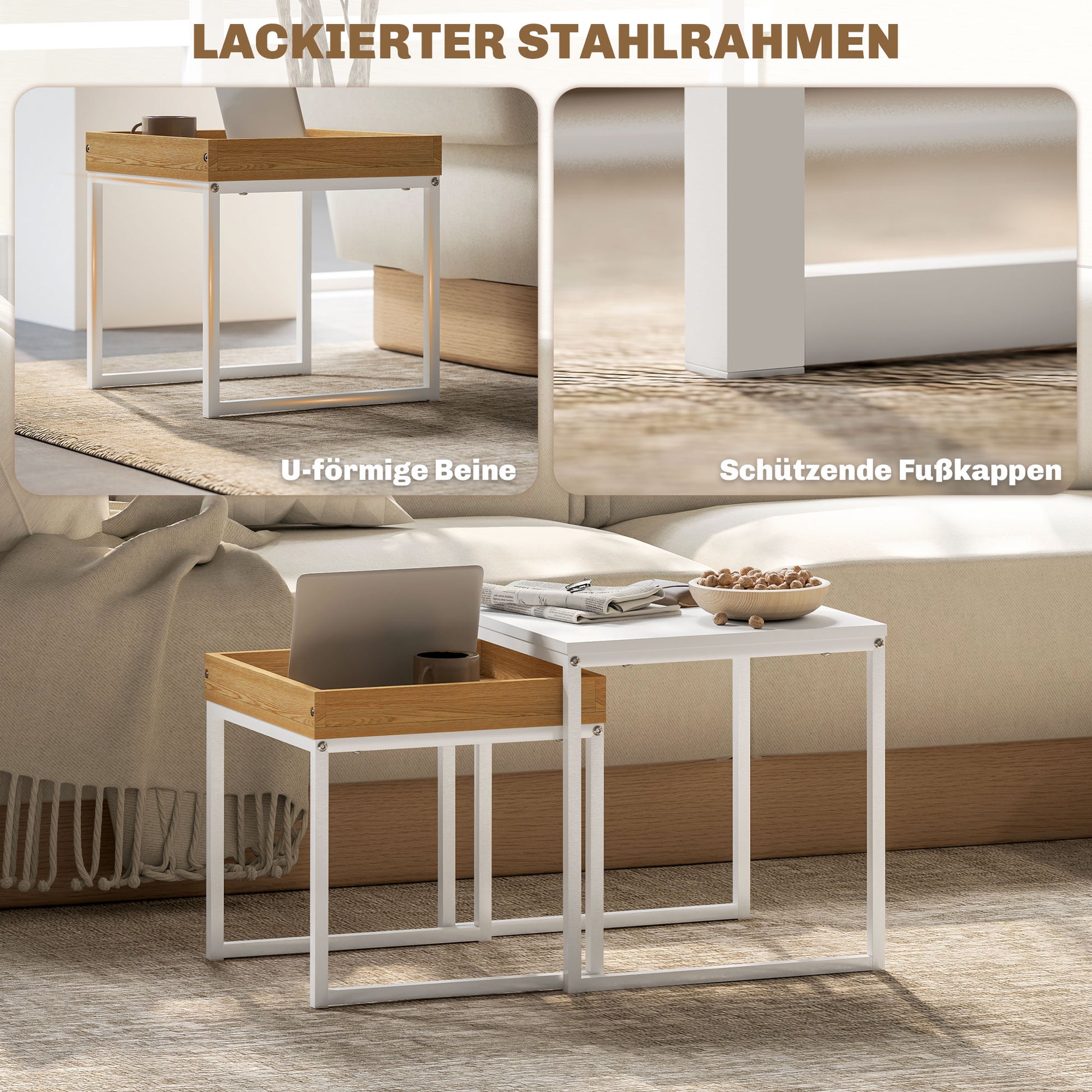 Moderner Couchtisch, 2er-Set Sofatisch, für kleine Räume, Quadratisch, MDF, Metall