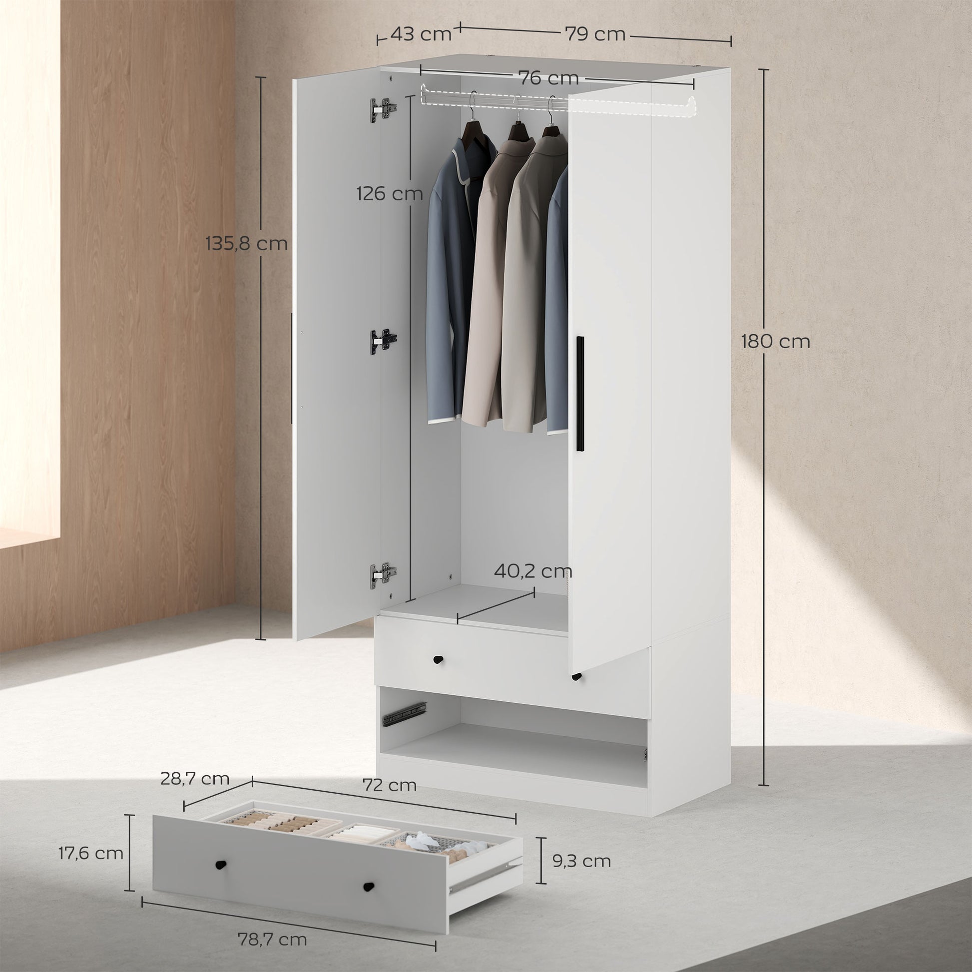 Kleiderschrank, 2 Türen, Hängebereich, Kleiderstange, 2 Schubladen, Spanplatte, Weiß
