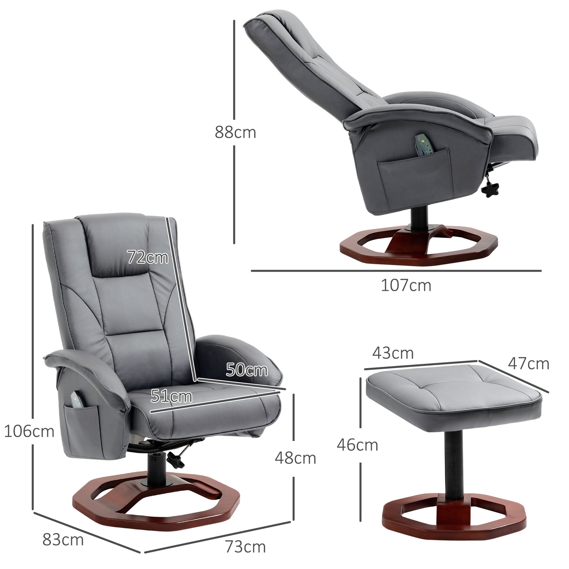 Massagesessel mit Hocker, Liegefunktion, Fernbedienung, drehbar, Lederoptik, bis 150 kg