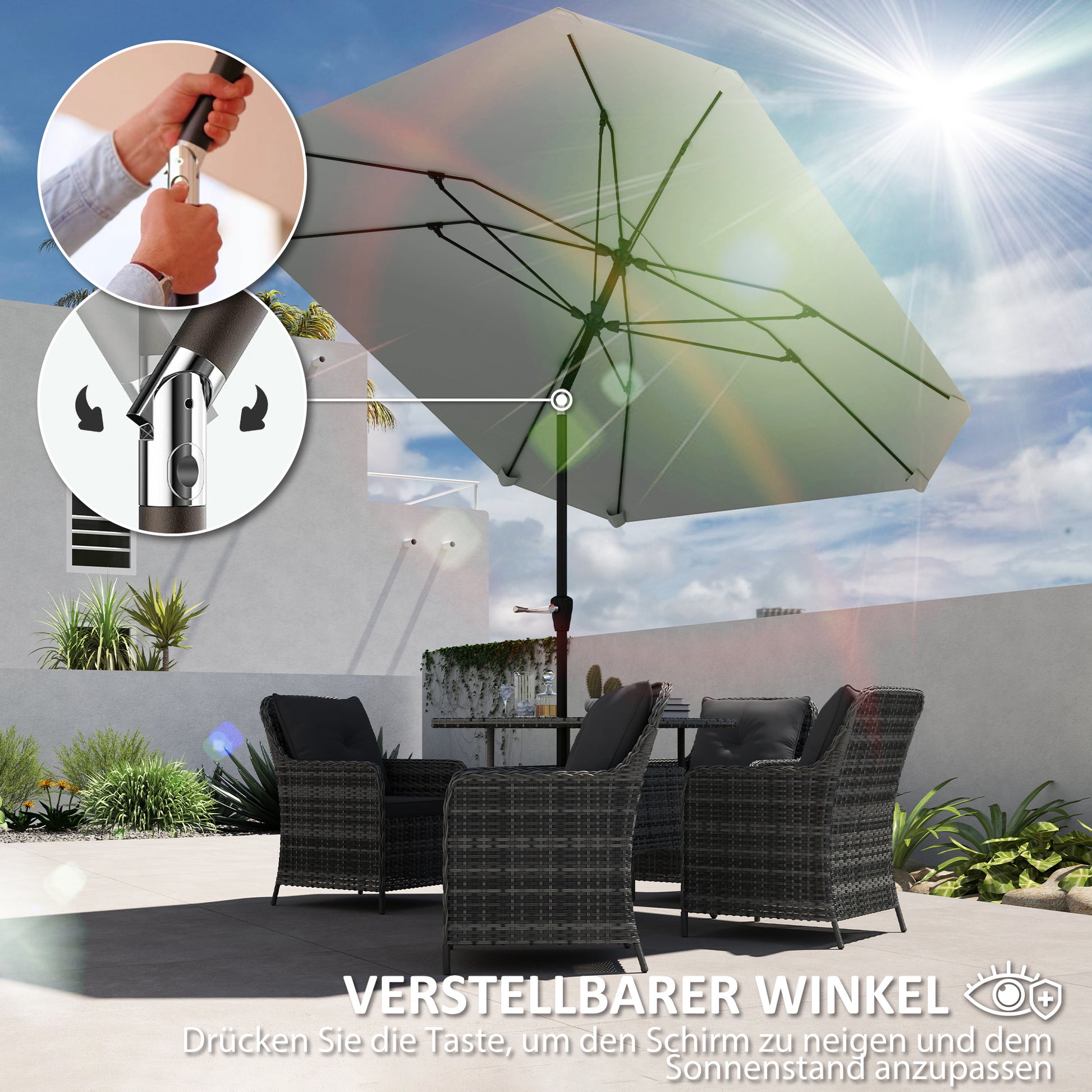 2,3 m Sonnenschirm ohne Basis, Verstellbar mit Kurbel, Polyester, Aluminium, Fiberglas