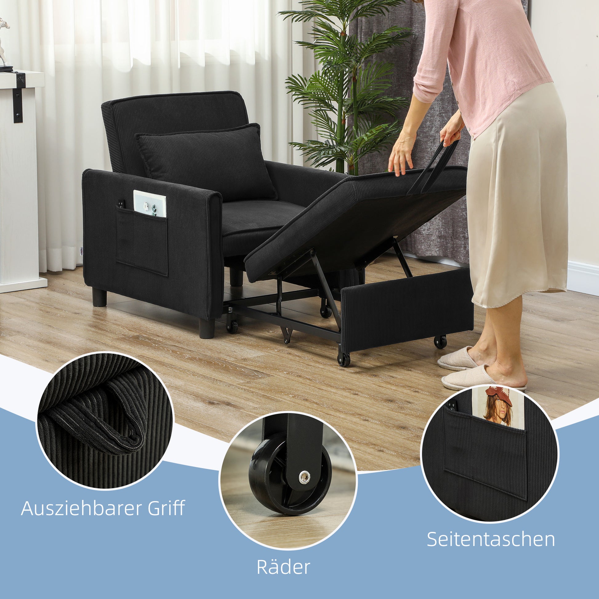 Schlafsessel, verstellbar, 3 Positionen, Cordbezug, bis 120 kg, Schwarz/Blau