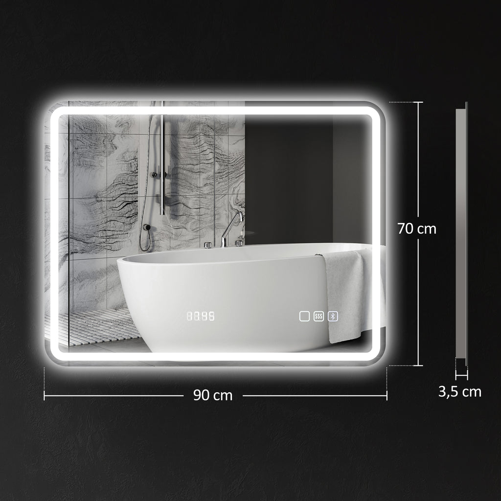 Badezimmerspiegel mit LED-Beleuchtung, Anti-Beschlags-Pad, 3 verstellbare Farben, Uhr