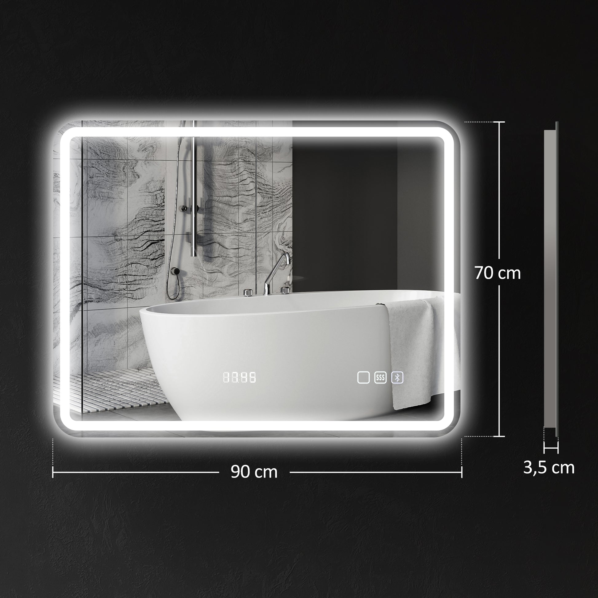 Badezimmerspiegel mit LED-Beleuchtung, Anti-Beschlags-Pad, 3 verstellbare Farben, Uhr