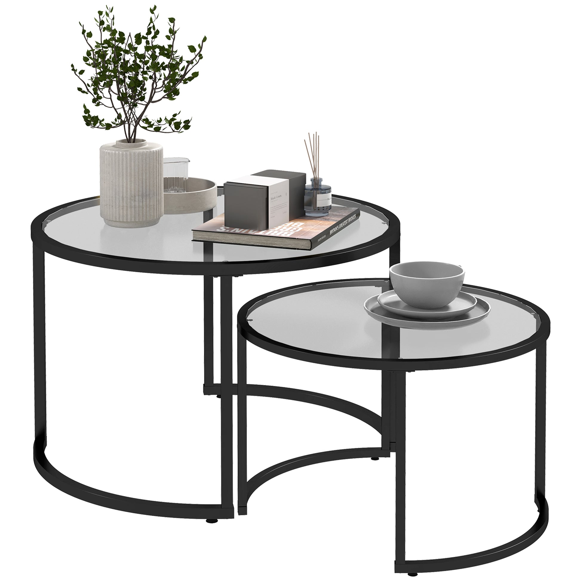 2er-Set Beistelltische Couchtische Industrie-Design, Glastische, stapelbar, Schwarz/Transparent