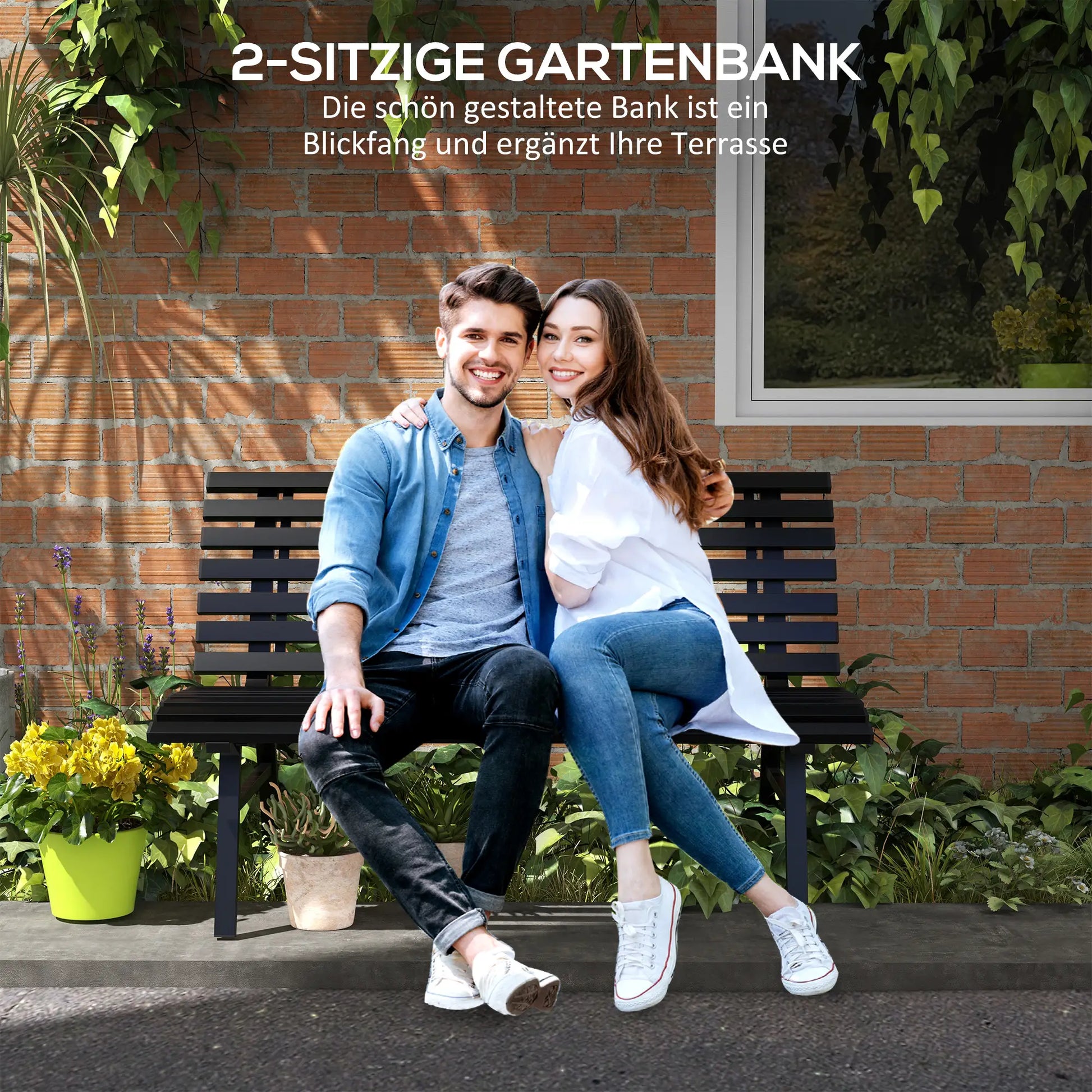 Gartenbank Sitzbank, Lattendesign, wetterbeständig, Aluminium, 123 x 67 x 79 cm, Schwarz