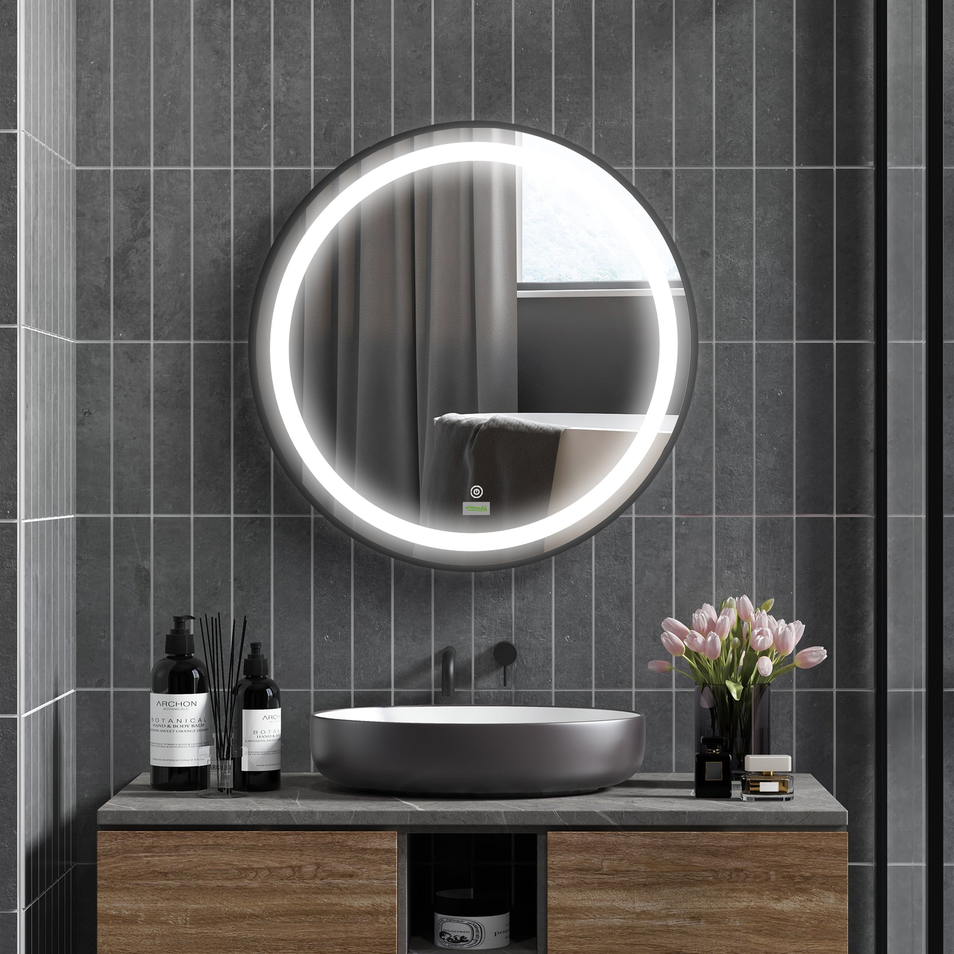 Badezimmerspiegel, LED-Beleuchtung, dimmbar, 3 Lichtfarben, Metallrahmen, Ø60 cm