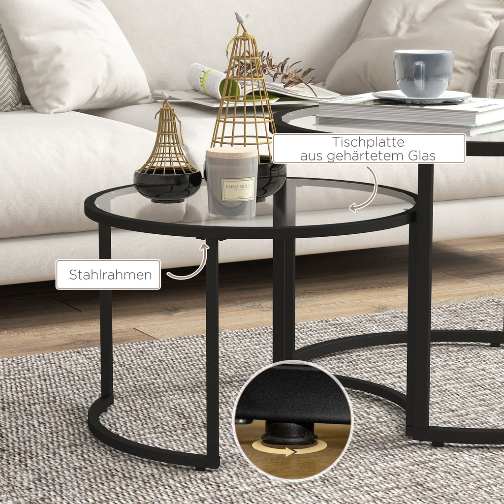 2er-Set Beistelltische Couchtische Industrie-Design, Glastische, stapelbar, Schwarz/Transparent