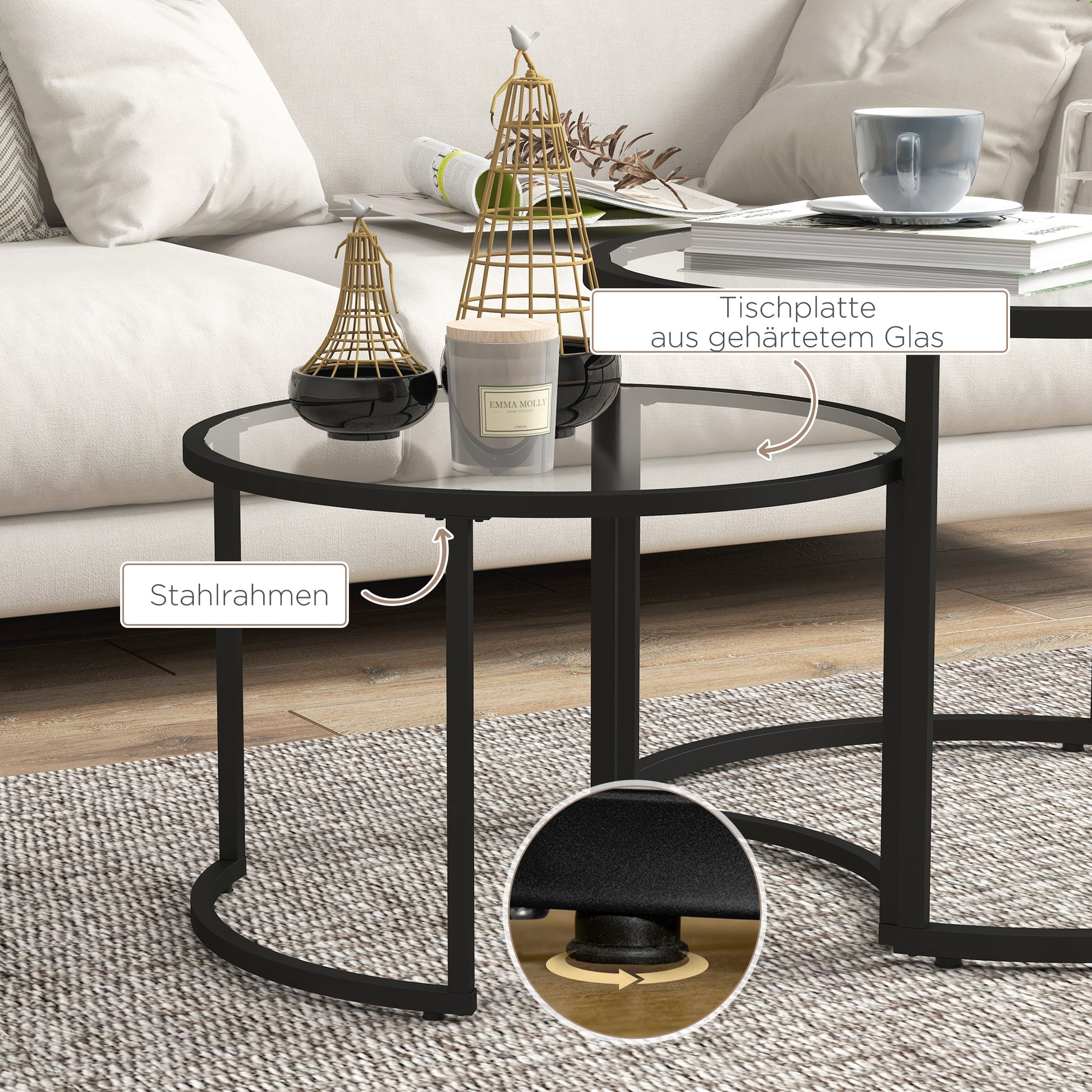 2er-Set Beistelltische Couchtische Industrie-Design, Glastische, stapelbar, Schwarz/Transparent