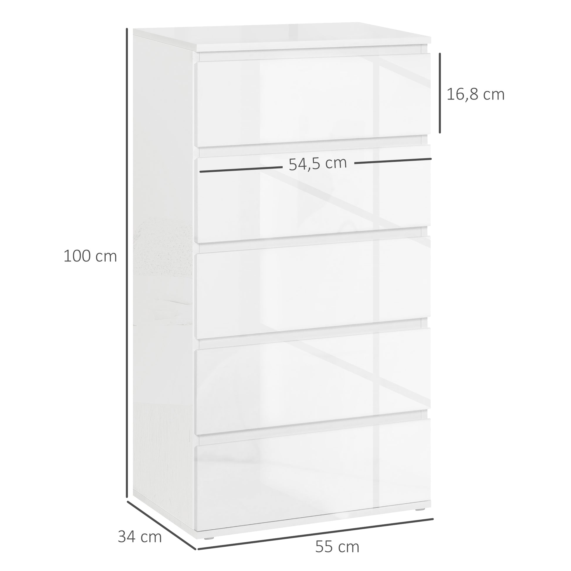 Kommode Sideboard Schubladenkommode, 5 Schubladen, 55 cm x 34 cm x 100 cm, Weiß
