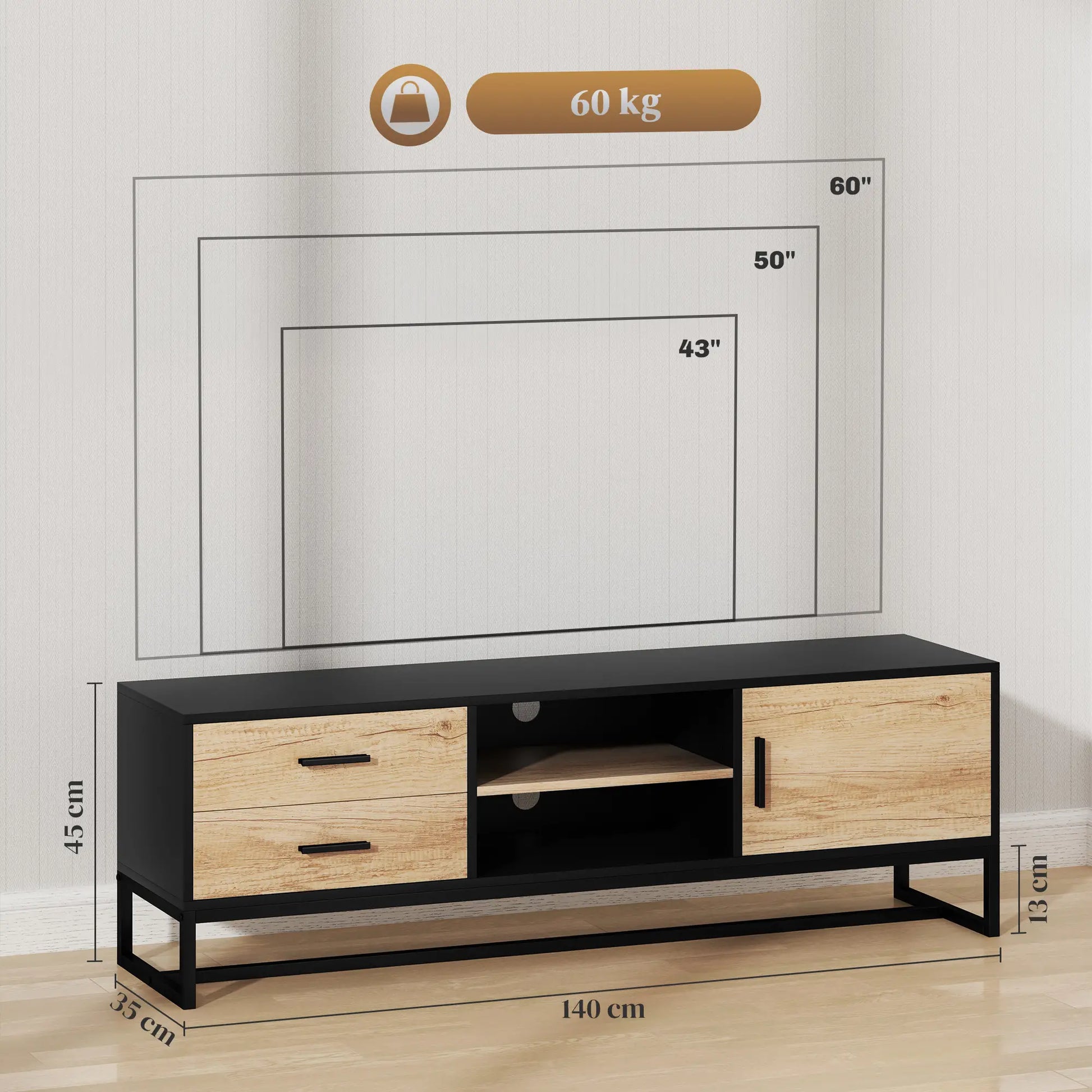 TV-Schrank mit Tür, 2 Schubladen, offene Fächer, verstellbares Regal, Schwarz