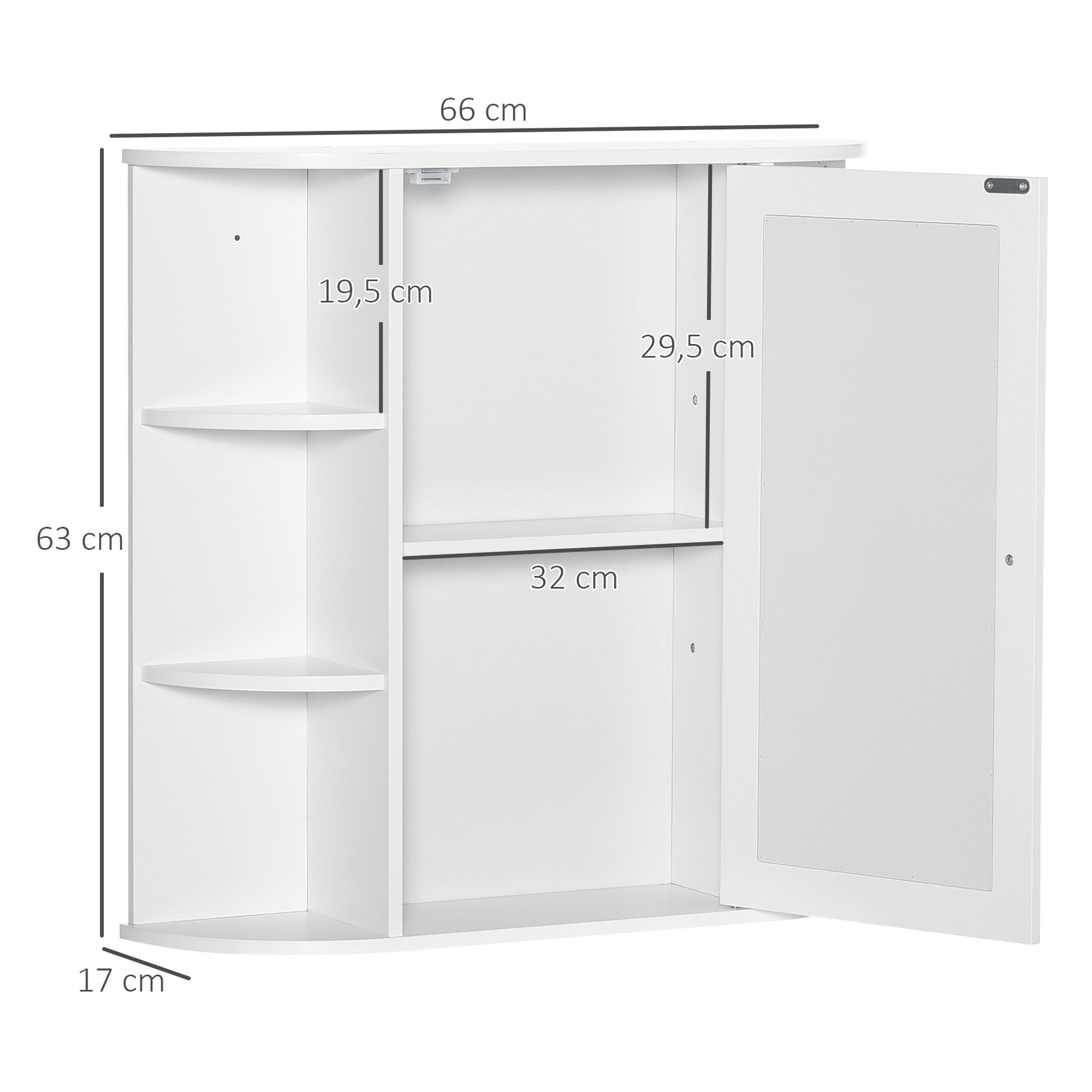 Spiegelschrank, 8 Fächer, Spiegeltüren, wasserbeständig, 66 cm x 17 cm x 63 cm, Weiß