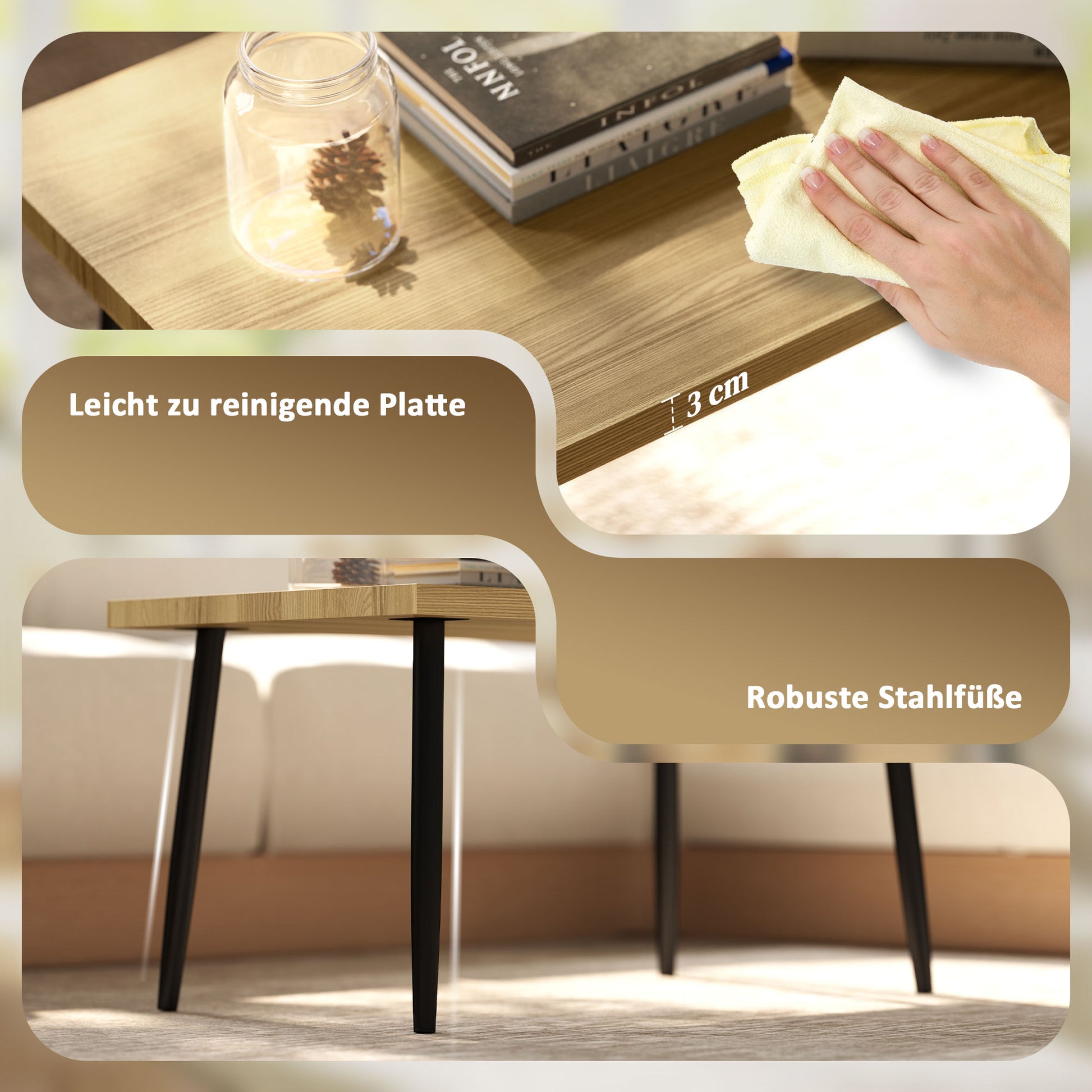 2er-Set Kaffeetische mit Metallrahmen und Holzplatte, Flexible Couchtische, Naturholz