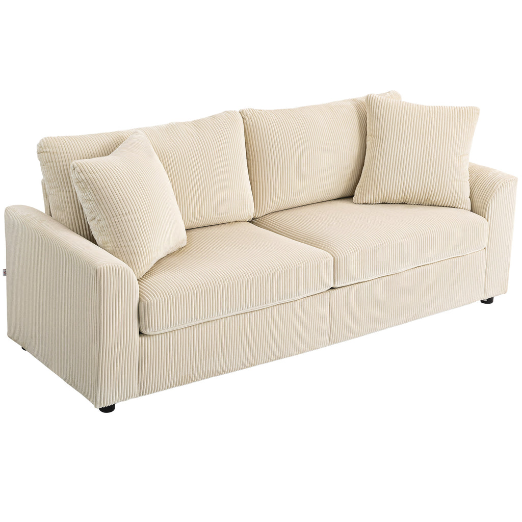 3-Sitzer-Sofa mit Zierkissen, Cordsofa für Wohnzimmer, 212 cm breit, Cremeweiß
