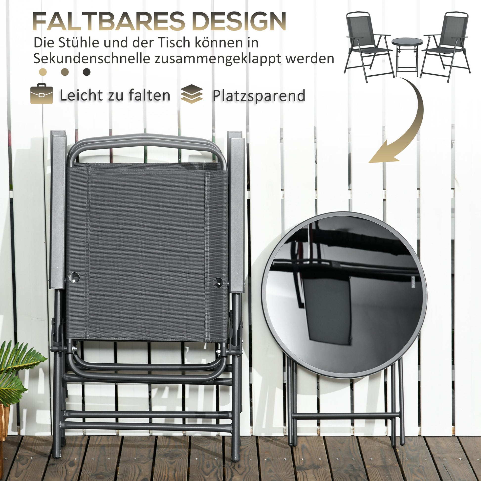 Bistro-Set 3-teilig aus Metall Wetterfest Gartenmöbel Set mit klappbar Glastisch Gartenstühlen
