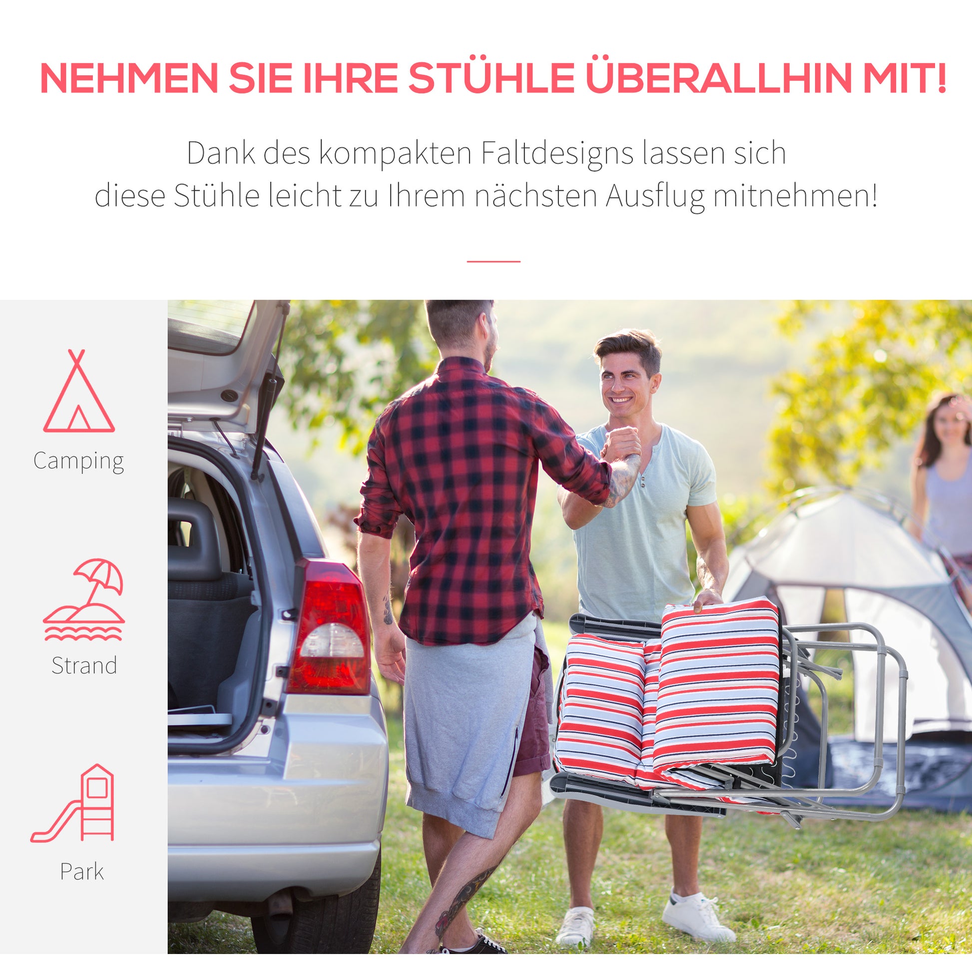 2er-Set Liegestuhl Set mit Kissen, klappbar, 5 Stufen verstellbarer Rückenlehne, Gartenliege Rot
