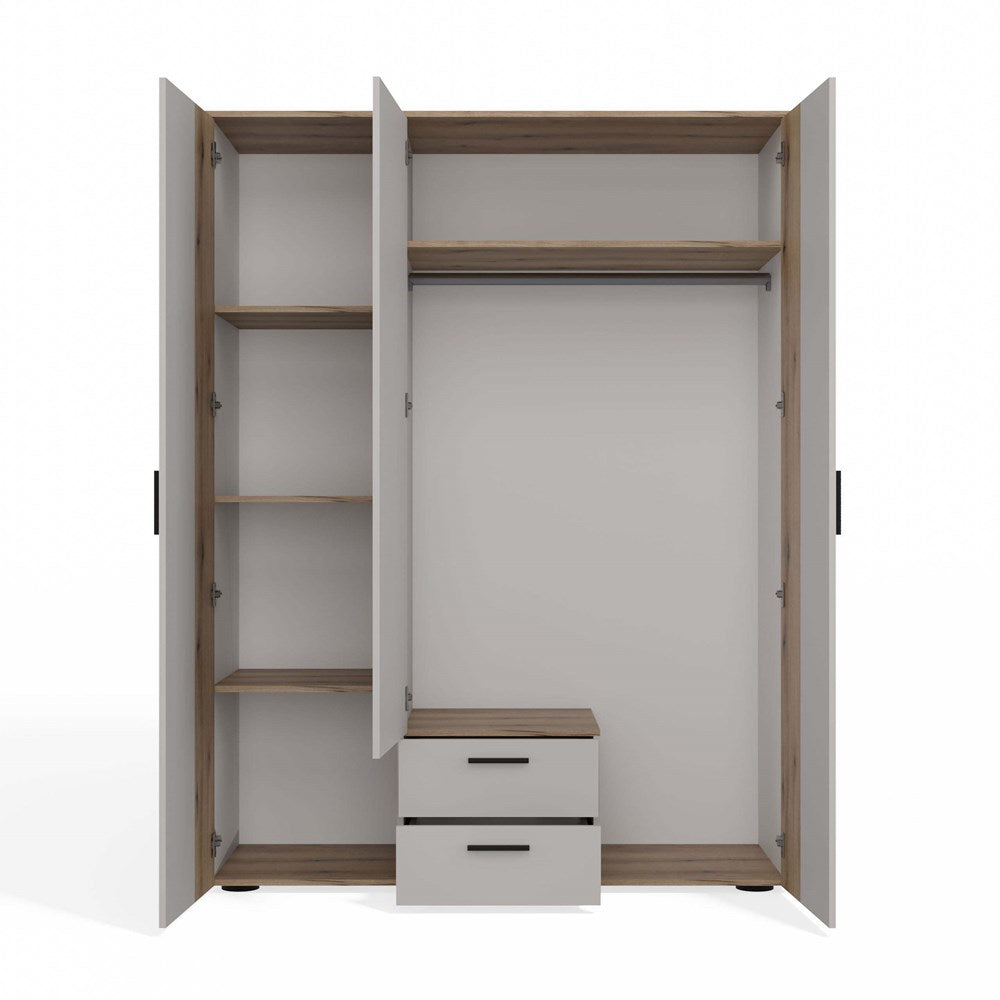 Kleiderschrank AVA 150 cm – 3-türig mit Spiegel & 2 Schubladen, Kaschmir Beige / Eiche Evoke