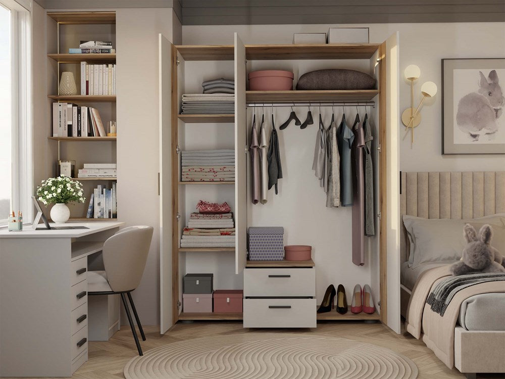 Kleiderschrank AVA 150 cm – 3-türig mit Spiegel & 2 Schubladen, Kaschmir Beige / Eiche Evoke