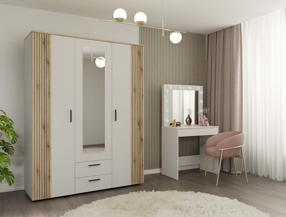 Kleiderschrank AVA 150 cm – 3-türig mit Spiegel & 2 Schubladen, Kaschmir Beige / Eiche Evoke
