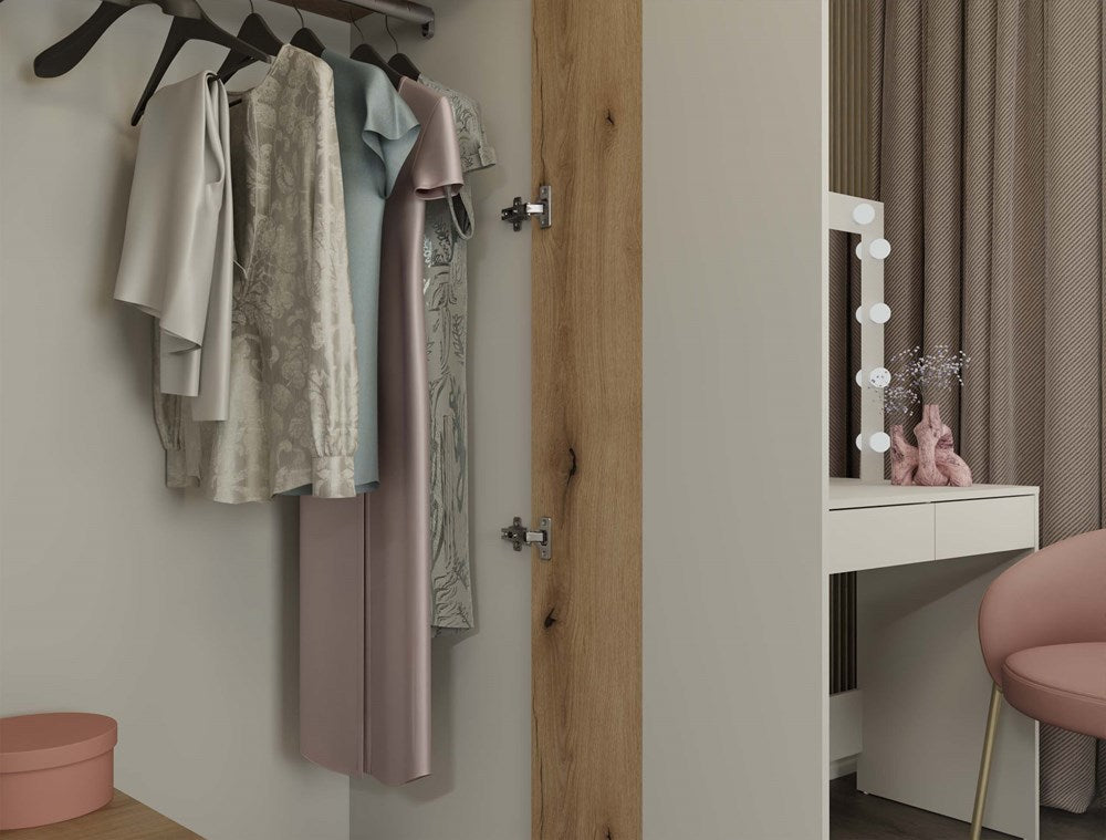 Kleiderschrank AVA 150 cm – 3-türig mit Spiegel & 2 Schubladen, Kaschmir Beige / Eiche Evoke