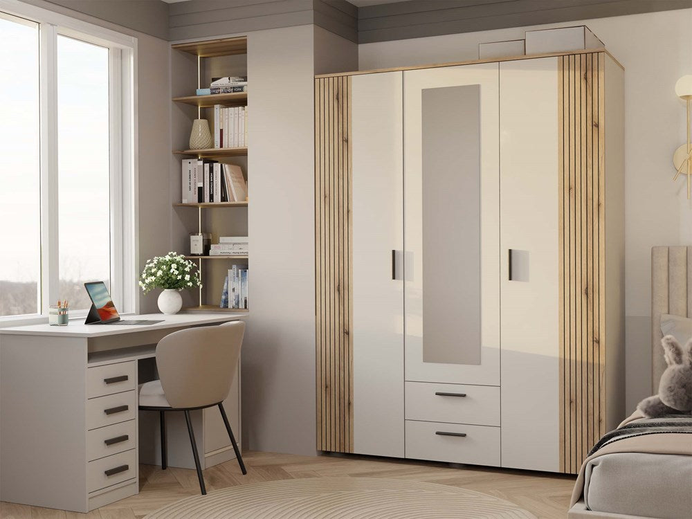 Kleiderschrank AVA 150 cm – 3-türig mit Spiegel & 2 Schubladen, Kaschmir Beige / Eiche Evoke