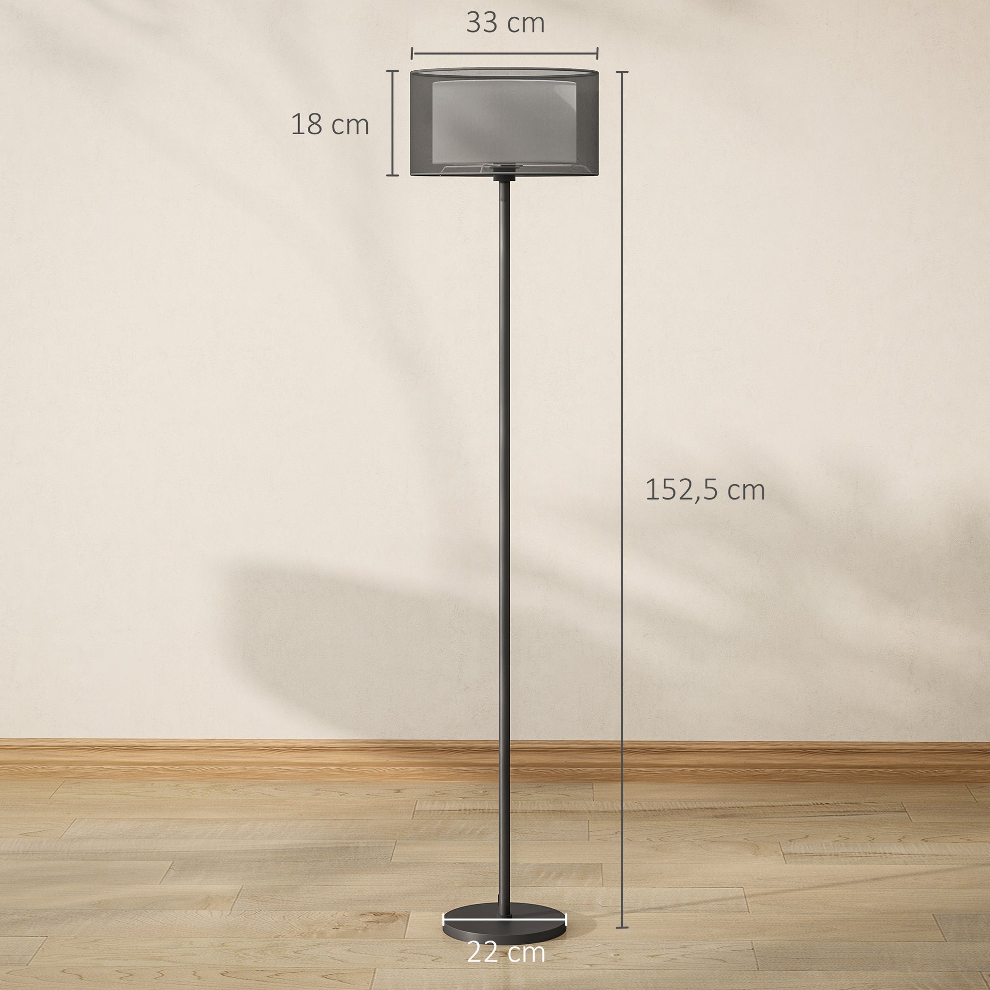 Stehlampe, zweifarbiger Lampenschirm, Fußschalter, Metall, Schwarz