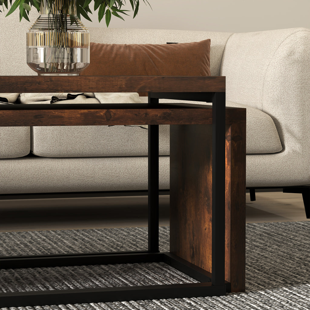 2er-Set Couchtisch, Sofatisch, Beistelltisch, MDF, Metall, Schwarz+Braun