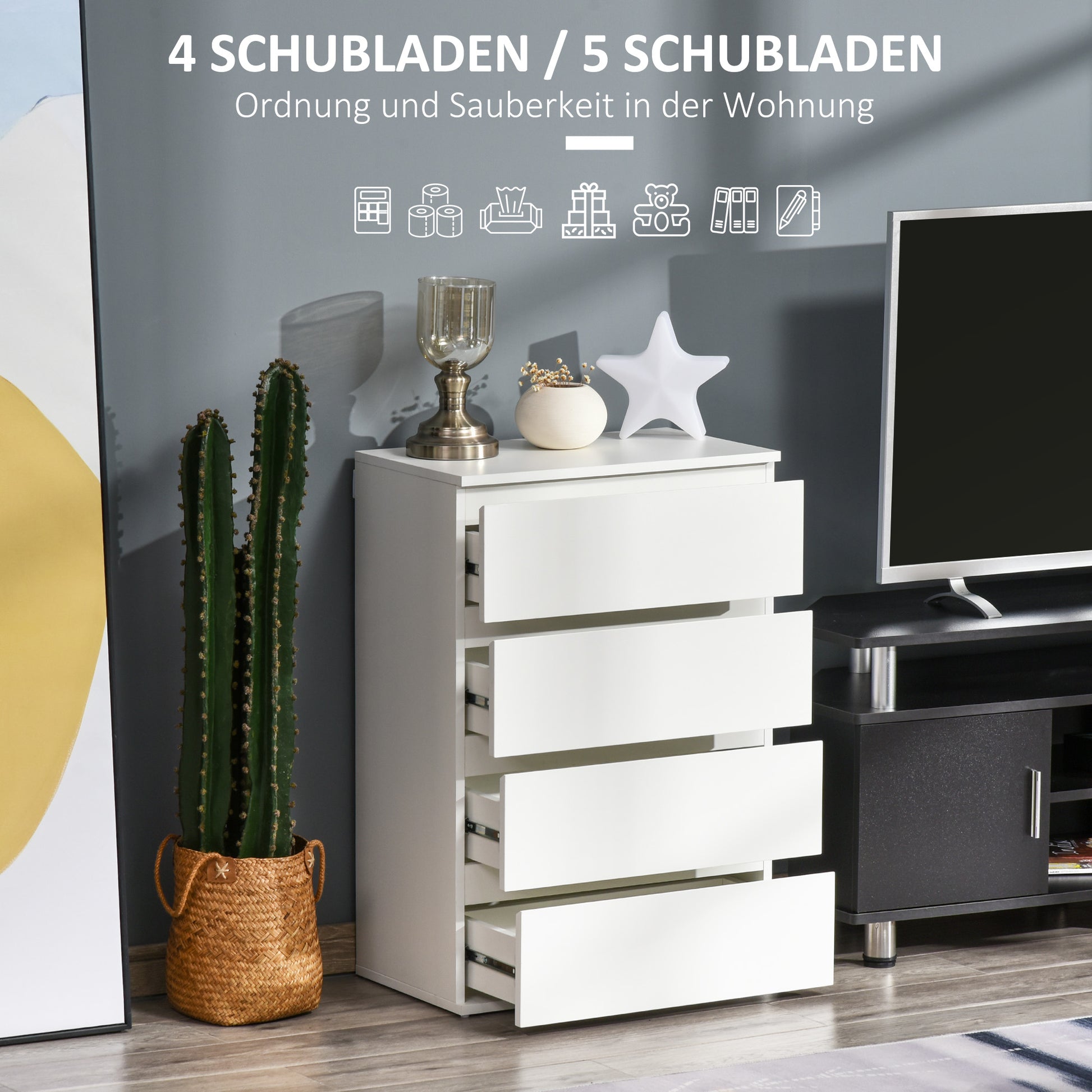 Kommode Sideboard Schubladenkommode, 4 Schubladen, 55 cm x 33 cm x 80 cm, Weiß