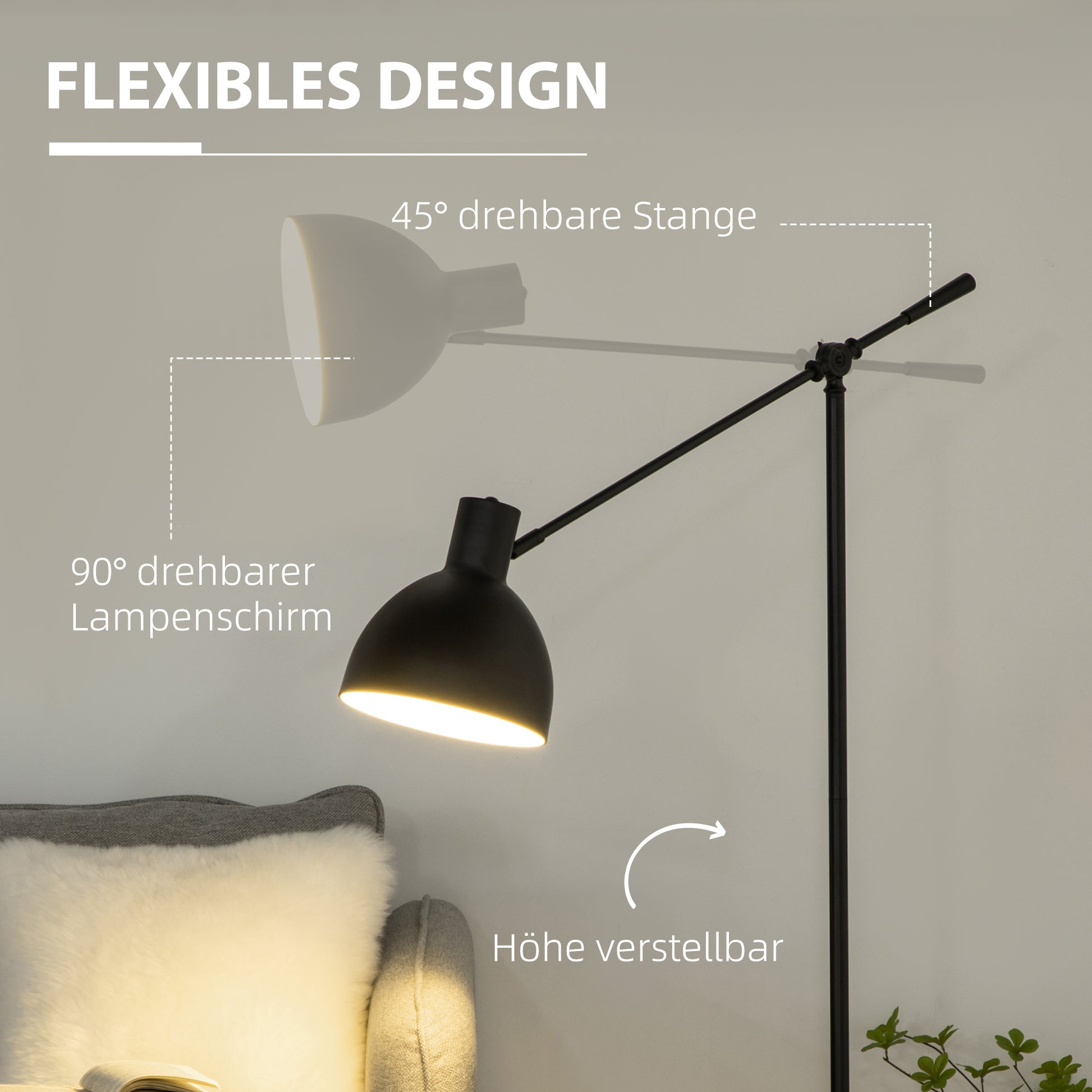 Stehleuchte im Industriedesign, höhenverstellbar, Bodenschalter; 30 m x 30 cm x 131 cm