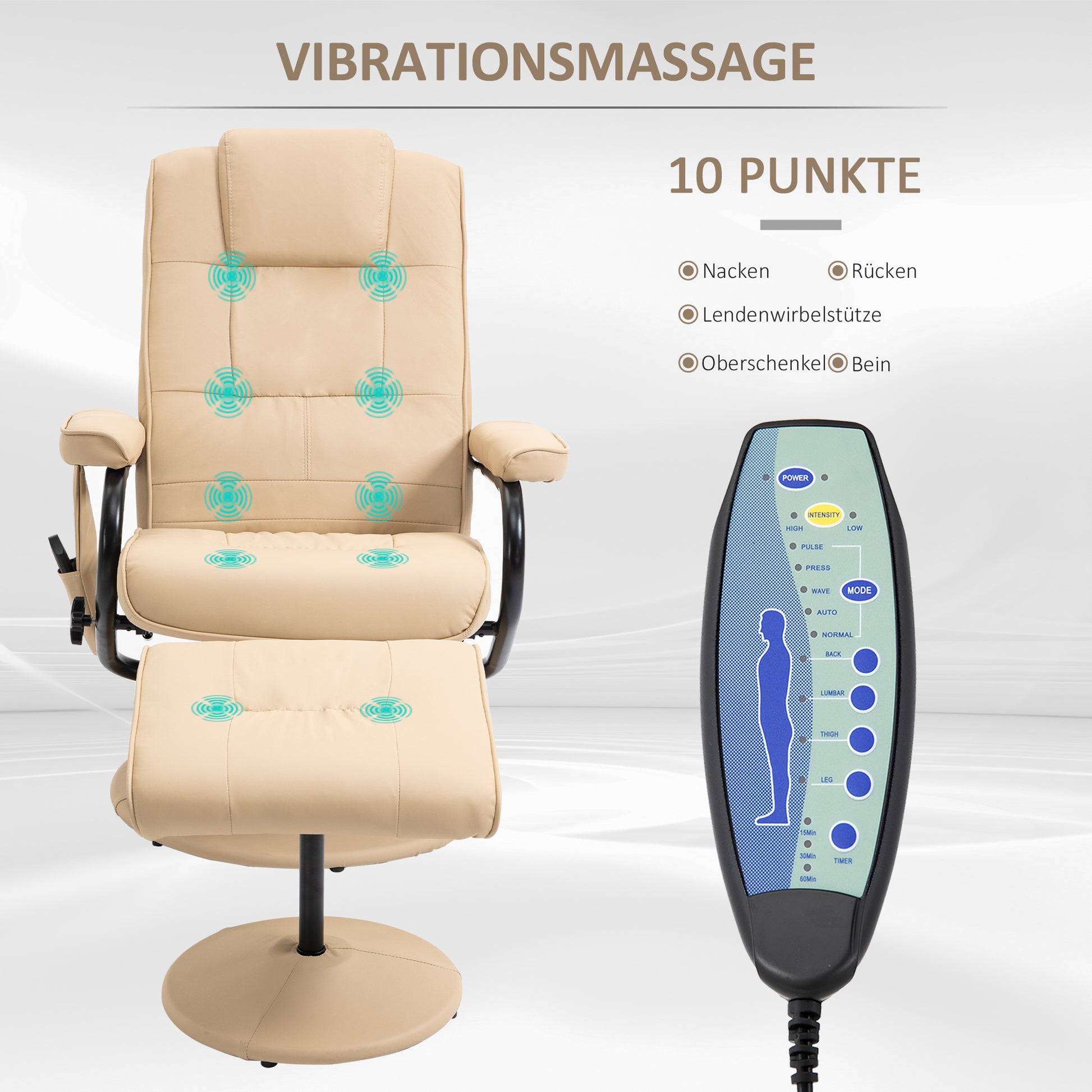 Massagesessel mit Hocker, Drehbares mit Massagefunktion, Liegefunktion, Fernbedienung, Kunstleder