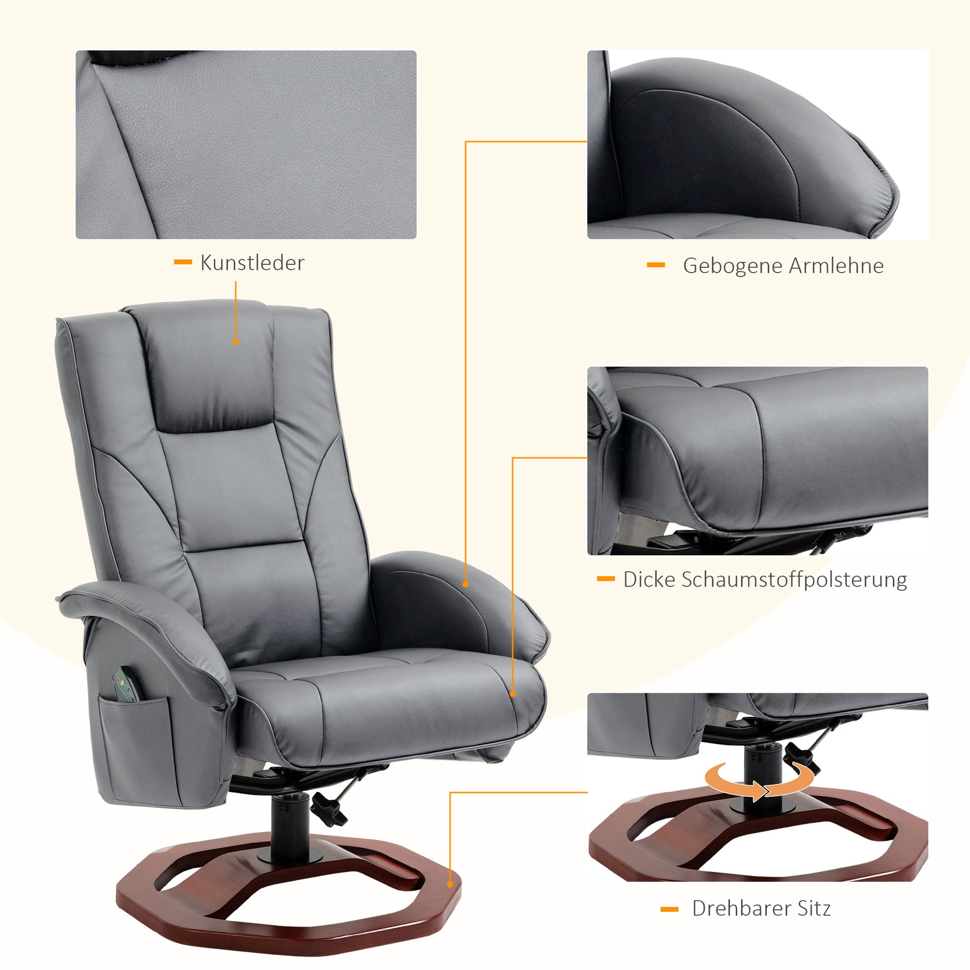 Massagesessel mit Hocker, Liegefunktion, Fernbedienung, drehbar, Lederoptik, bis 150 kg