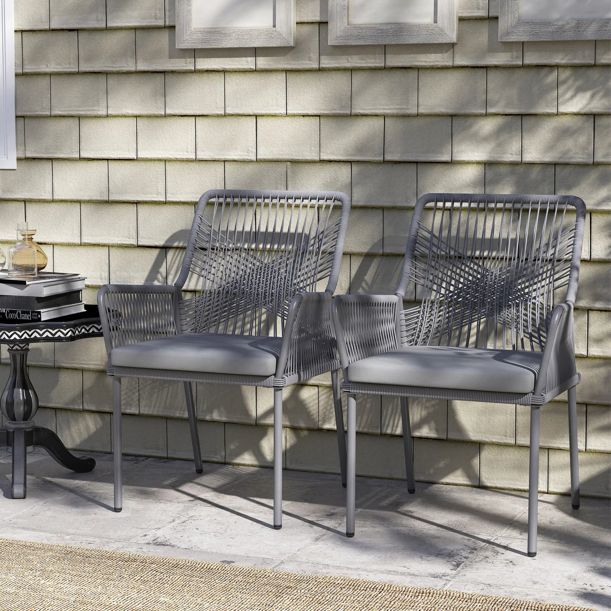 2er-Set Gartenstühle, Terrassenstühle, waschbare Kissen, Stahl, Rattan, Dunkelgrau