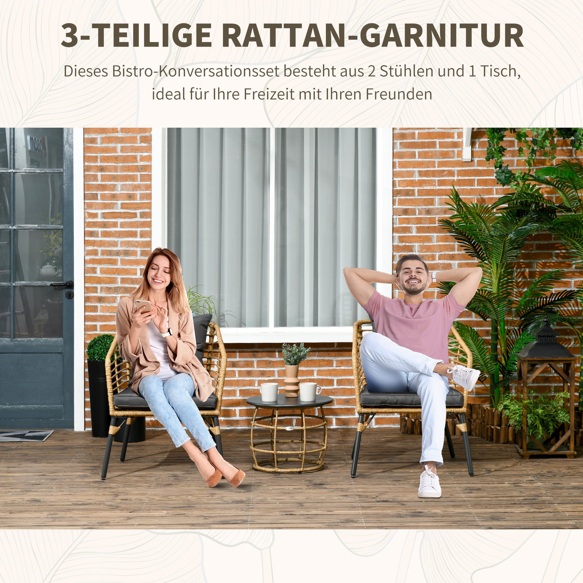 3-teiliges Bistro-Set, wetterbeständig, 1 Beistelltisch, 2 Stühle, 62 cm x 65 cm x 78 cm