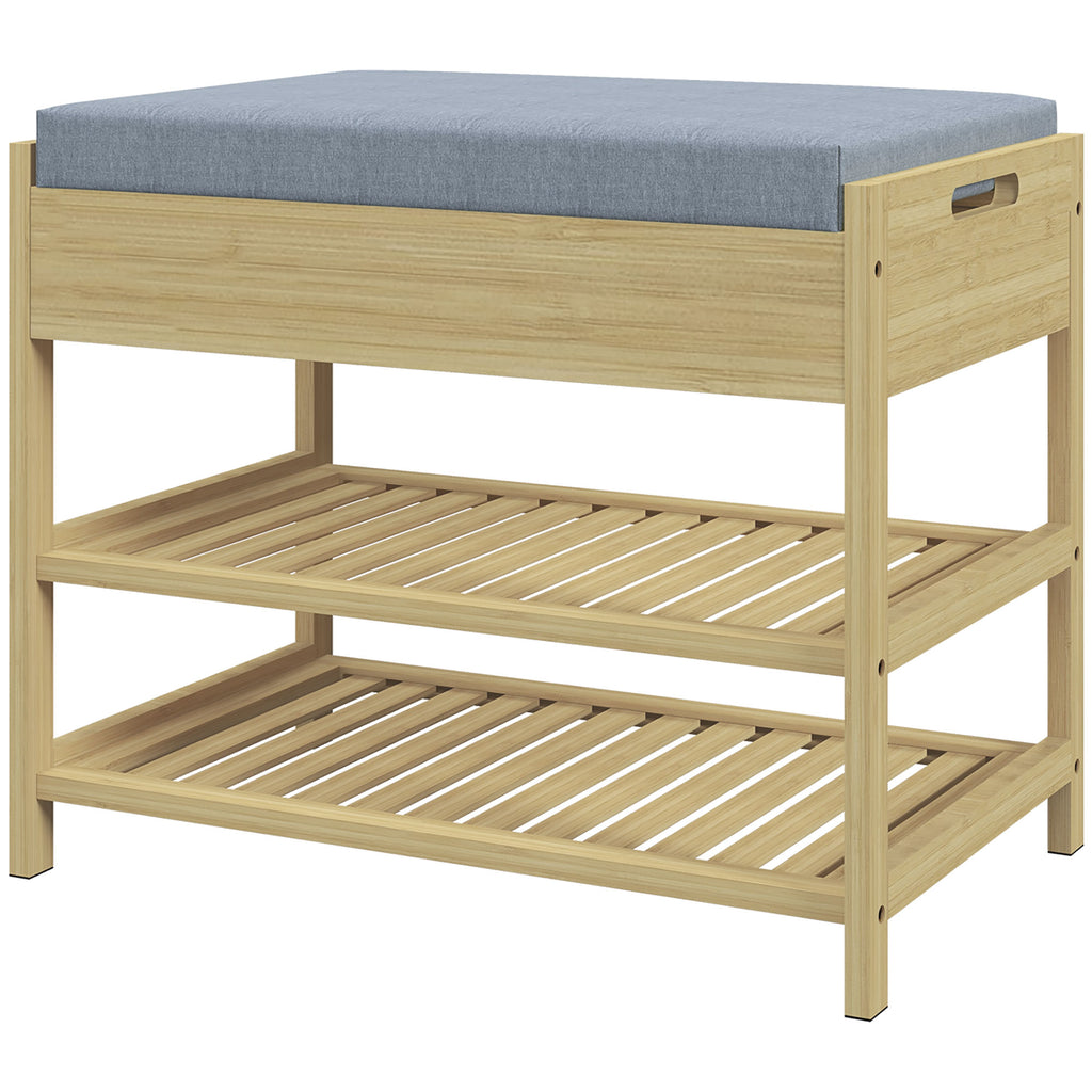 Schubank Schuhregal, 2 Ablagen, Sitzpolster, Bambus, 55 cm x 35 cm x 46 cm, Grau + Natur