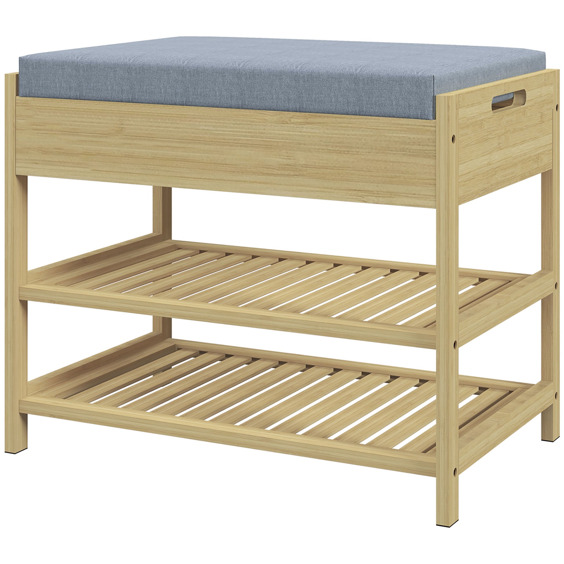 Schubank Schuhregal, 2 Ablagen, Sitzpolster, Bambus, 55 cm x 35 cm x 46 cm, Grau + Natur