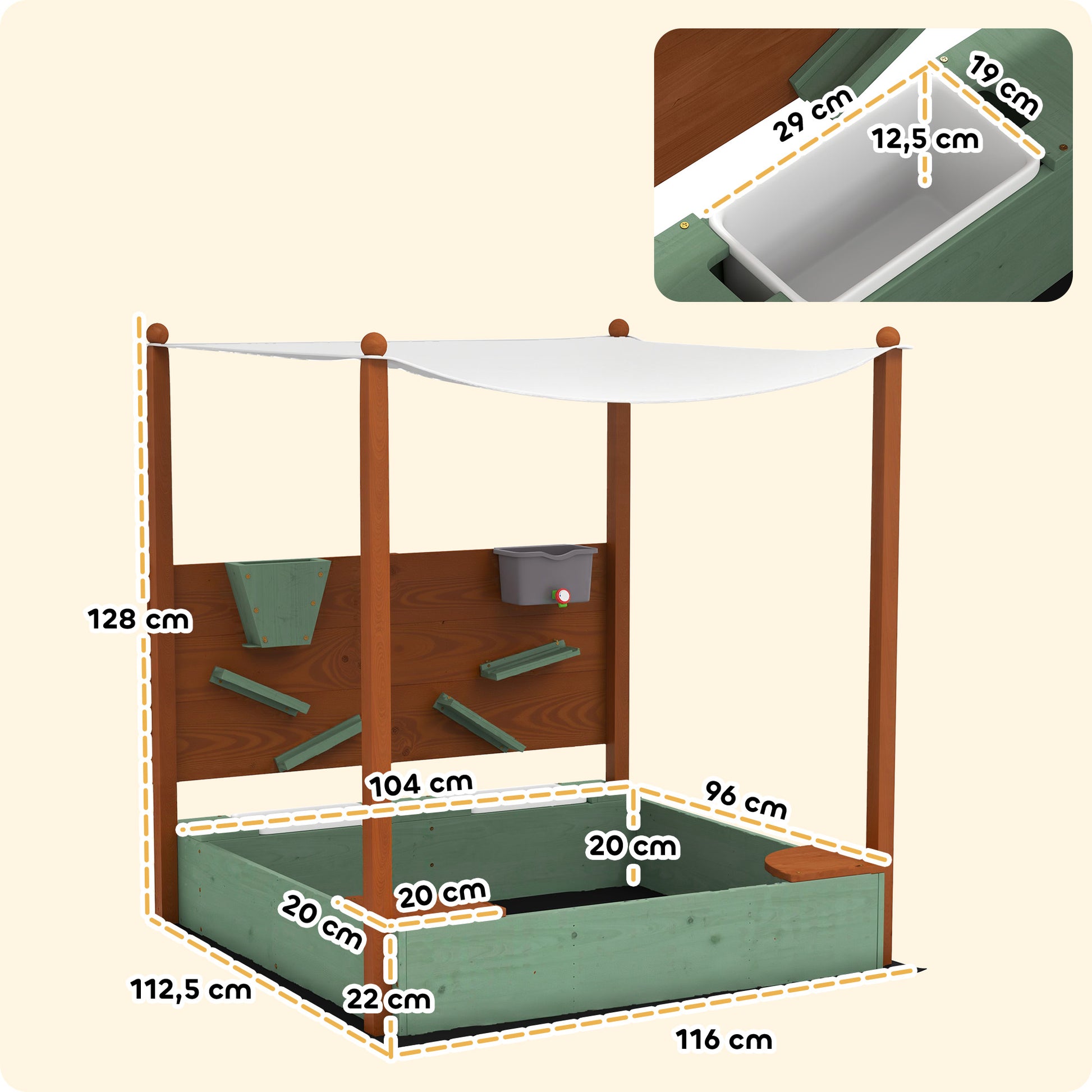 Sandkasten mit Sonnendach für Kinder, 2 Aufbewahrungsbehälter, 116L x 112,5B x 128H cm